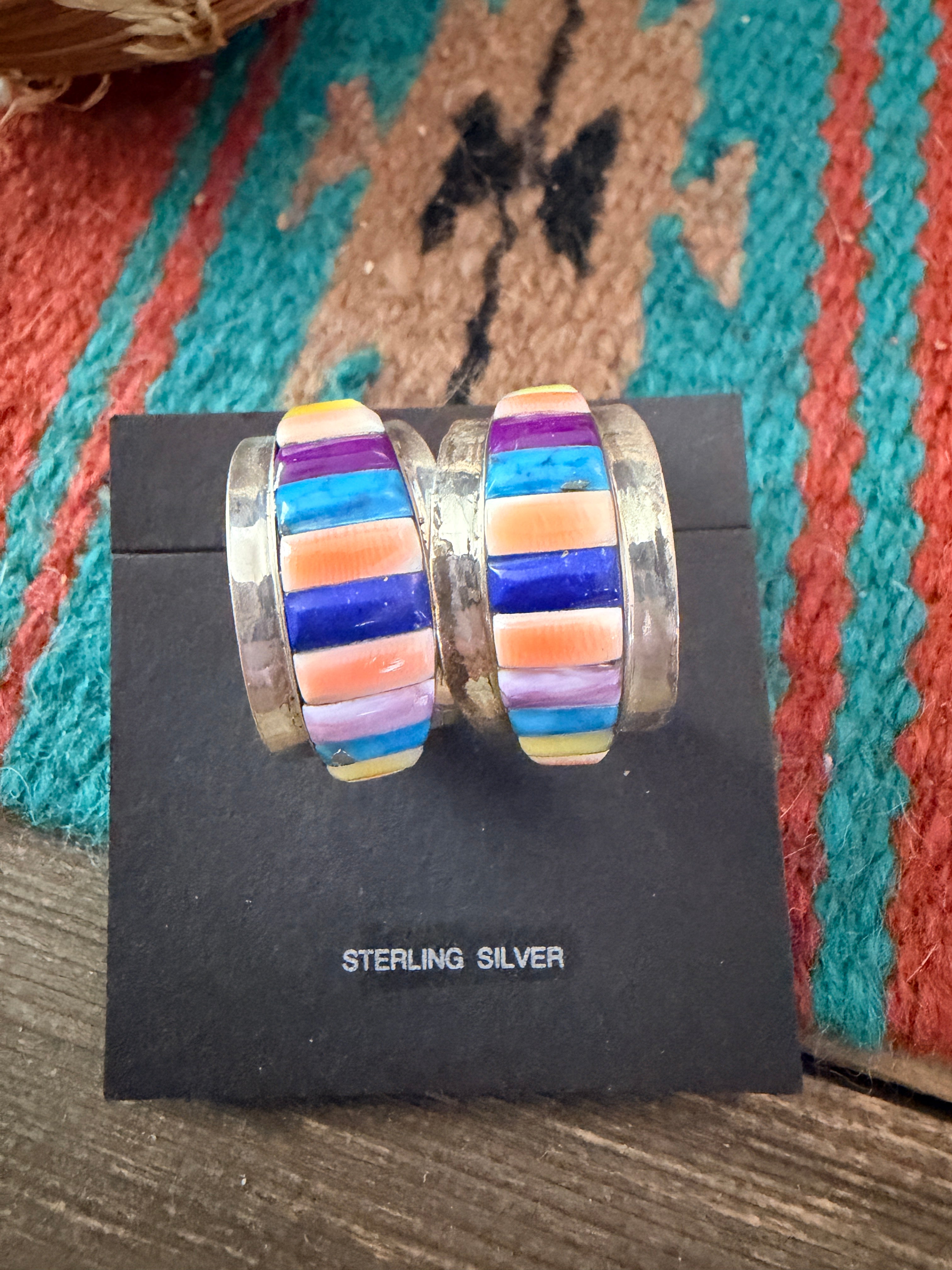 Old Pawn Handcrafted Sterling Silver & Multi Stone Inlay Hoop Earrings