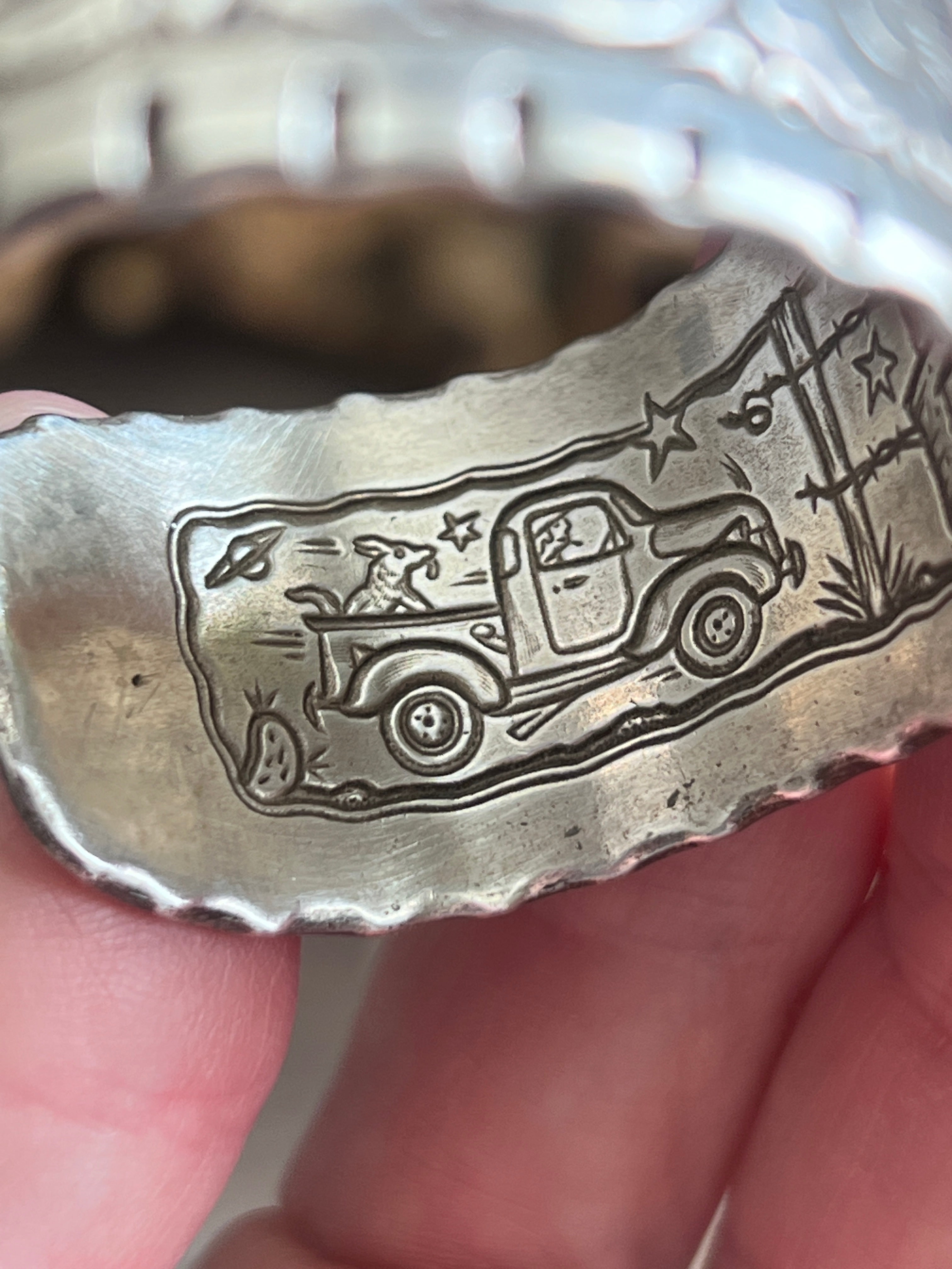Old Pawn Tooled “Don’t Fence Me In” Sterling Silver Cuff Bracelet by Kit Carson