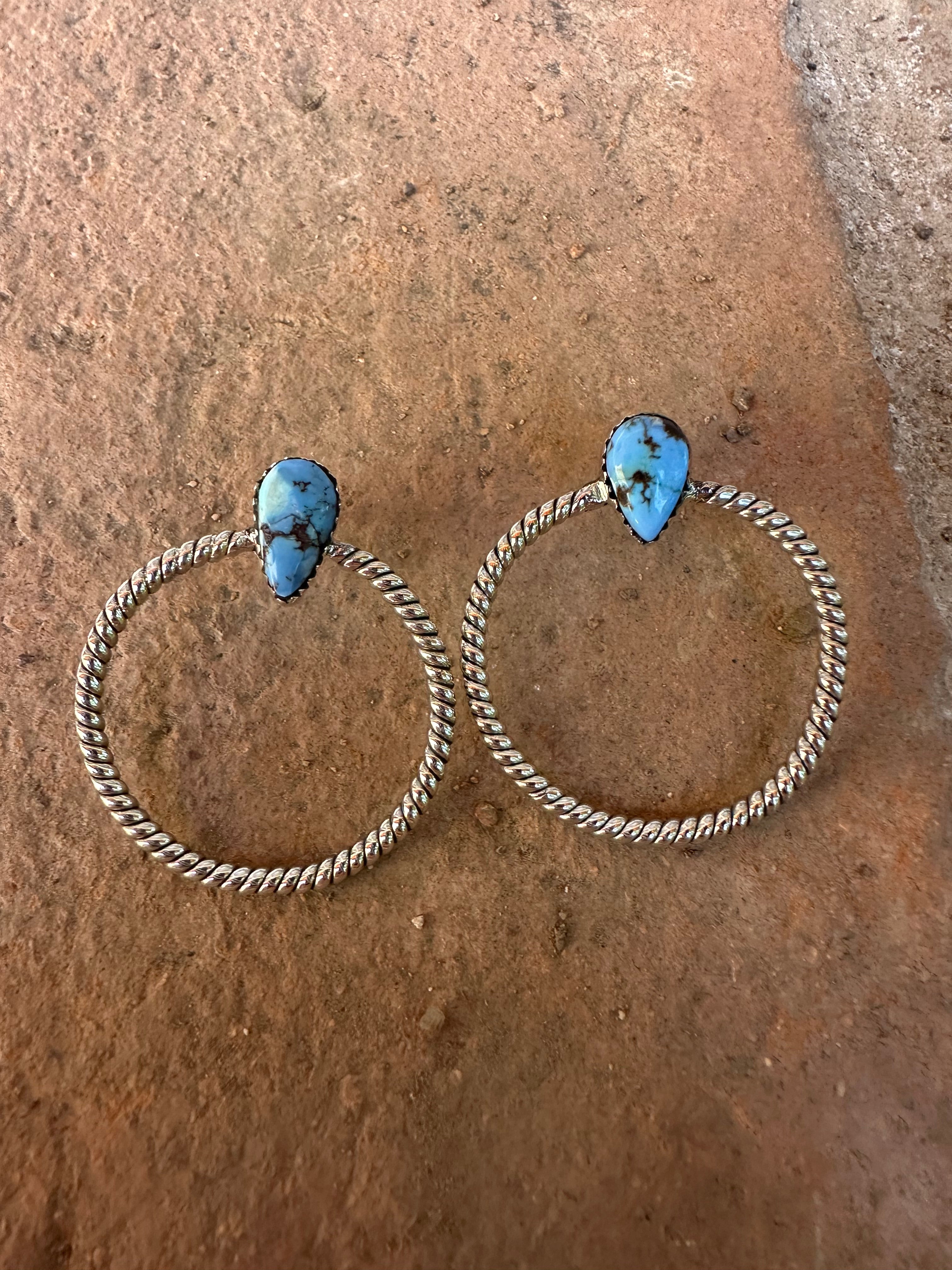 Handmade Golden Hills Turquoise & Sterling Silver Hoop Earrings Signed Nizhoni