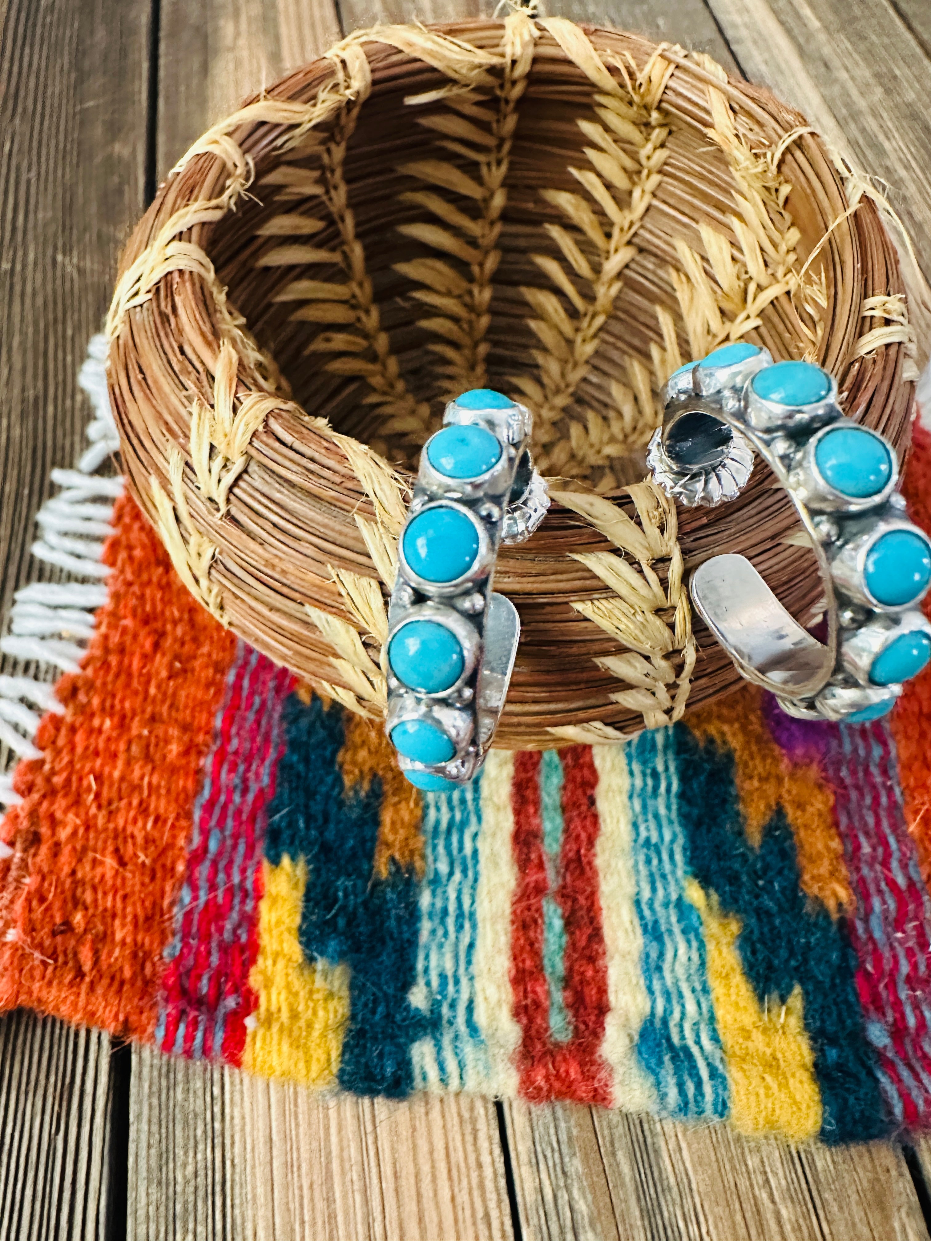 Handcrafted Turquoise & Sterling Silver Hoop Earrings by Federico Jimenez