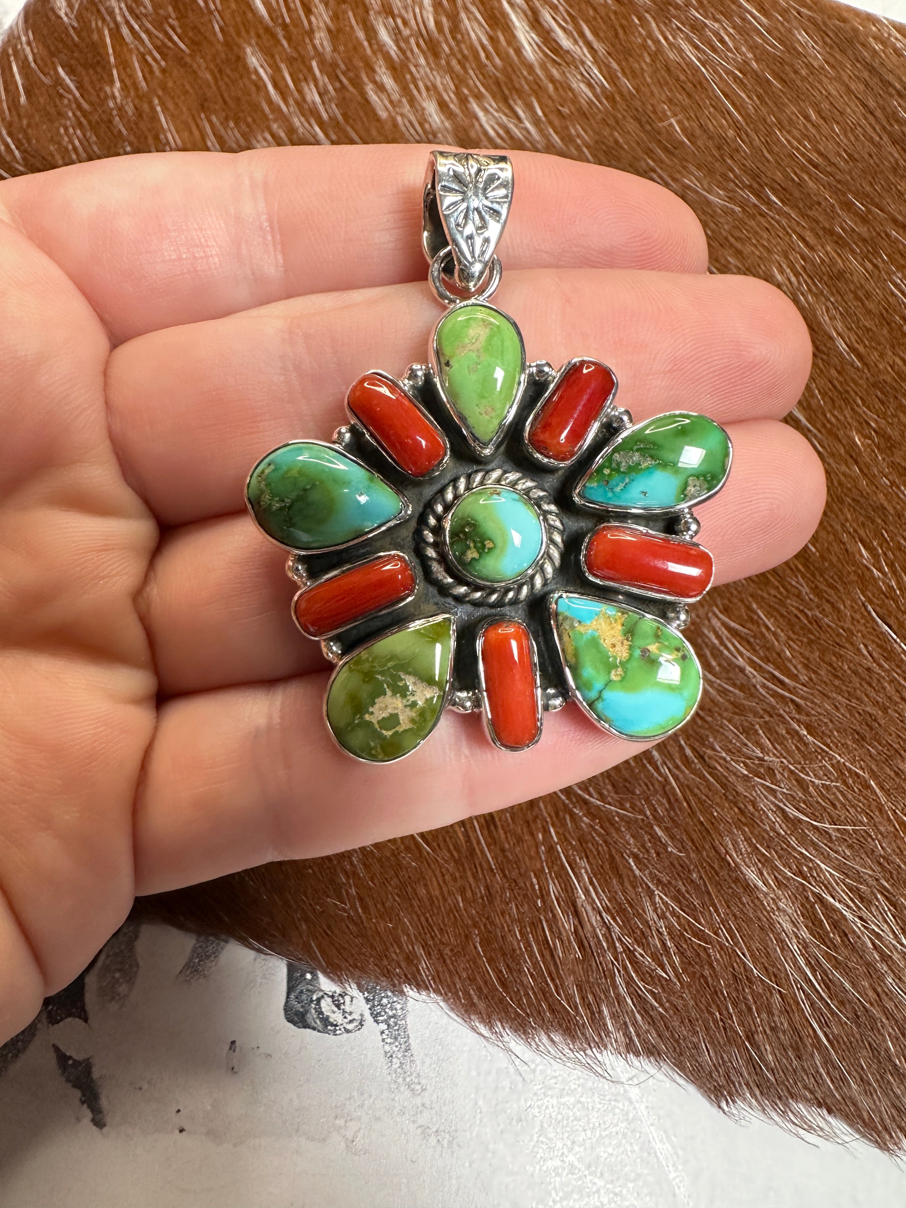 Beautiful Handmade Sterling Silver, Coral & Sonoran Mountain Turquoise Pendant style 3