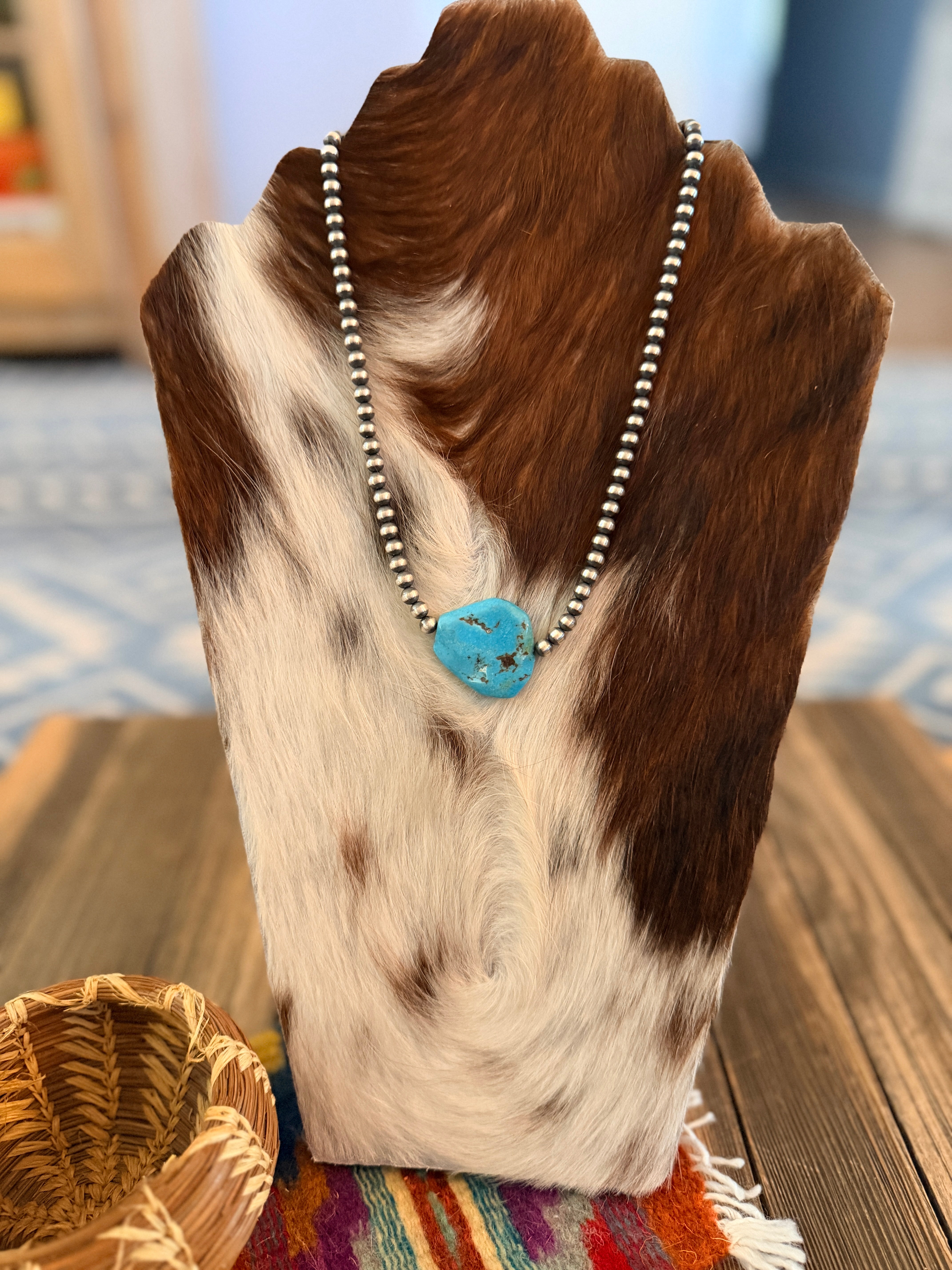 Handcrafted Kingman Turquoise & Sterling Silver Pearl 18” Beaded Necklace