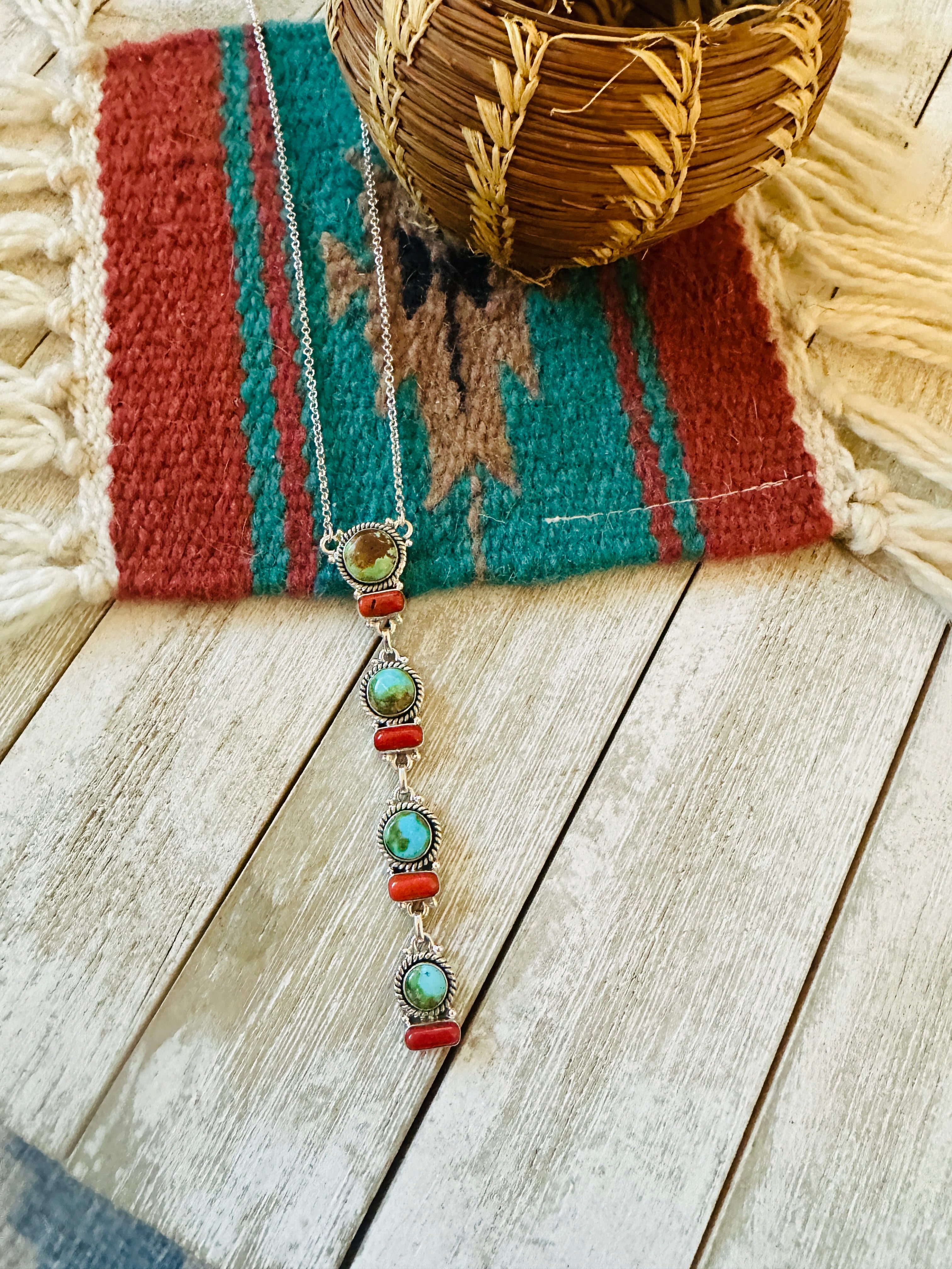 ** Christmas Collection ** Handmade Sterling Silver, Turquoise & Coral Necklace Signed Nizhoni