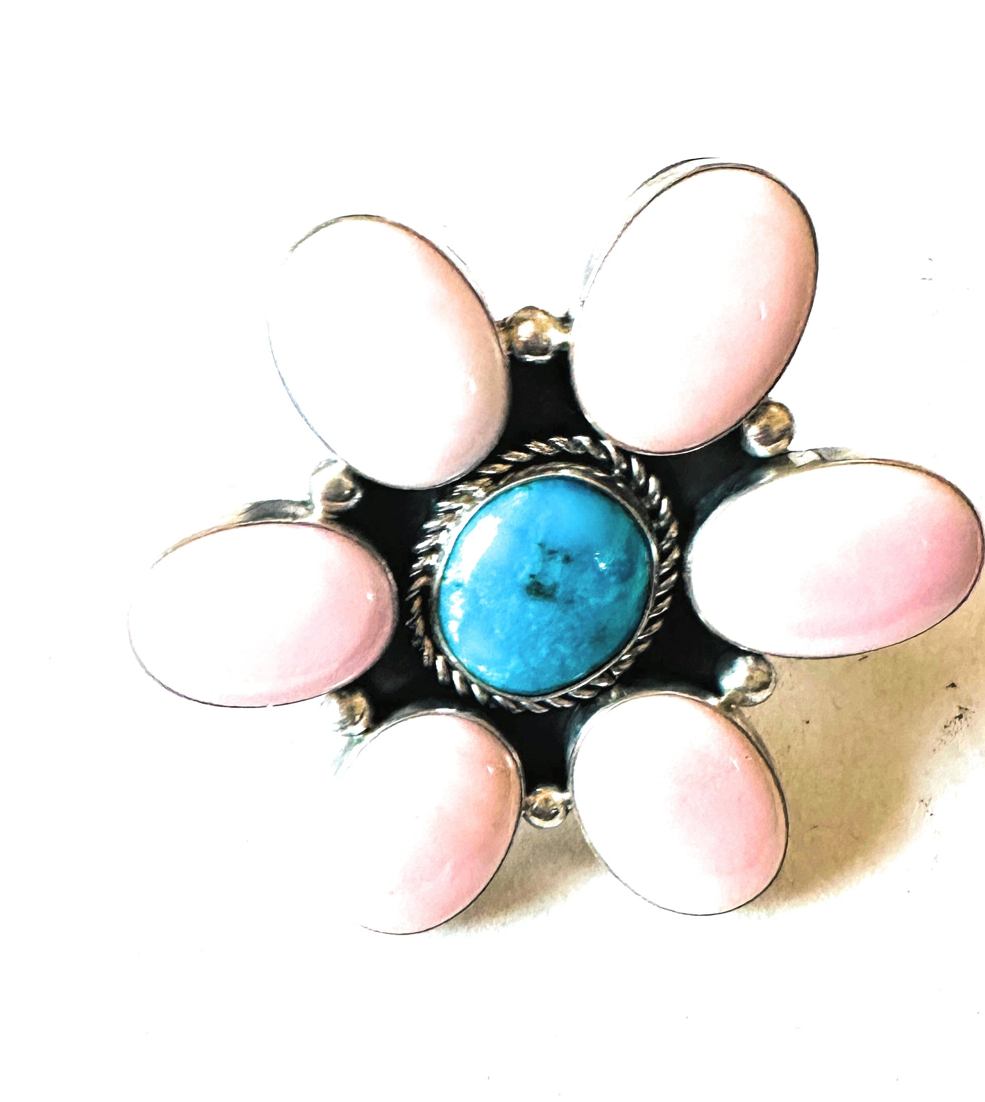 Navajo Sterling Silver, Queen Pink Conch & Turquoise Adjustable Flower Ring