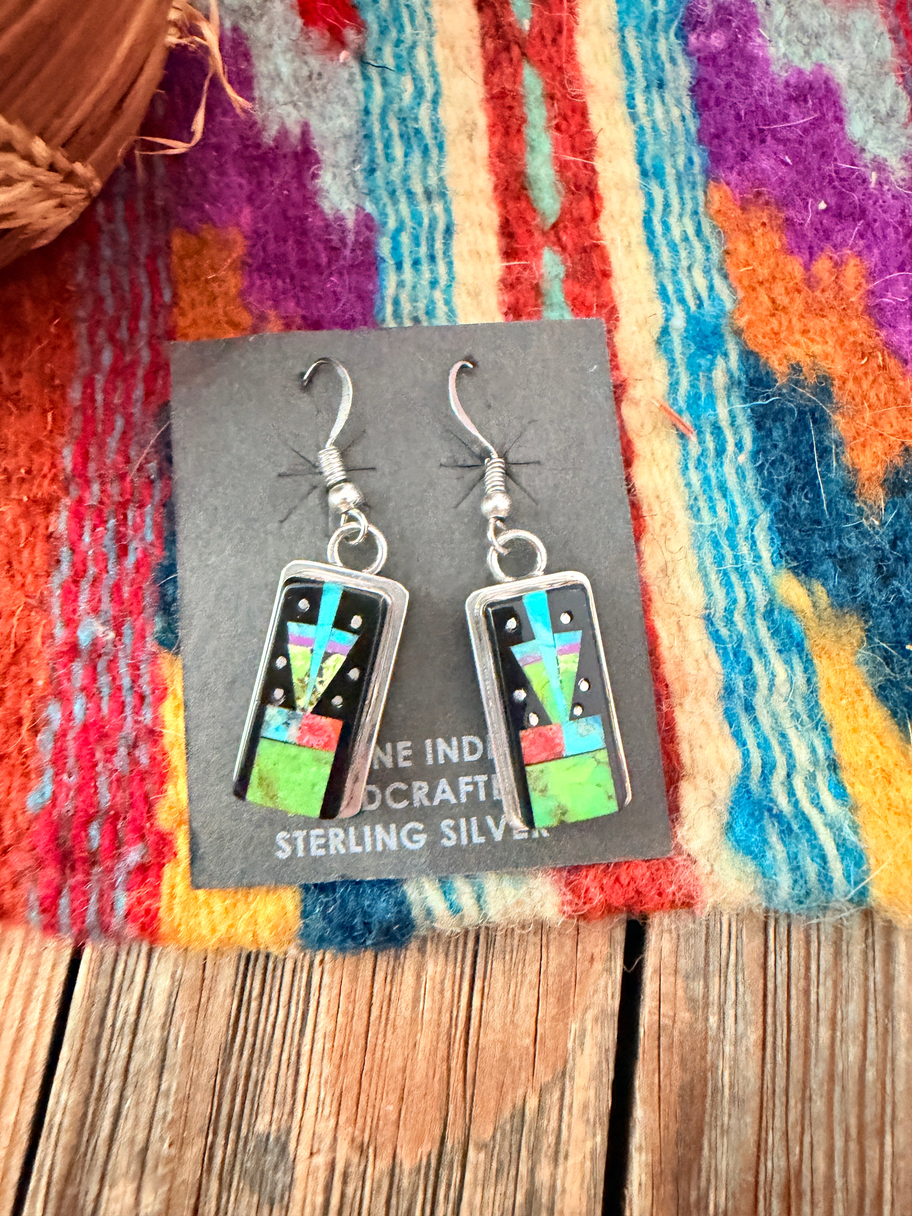 Handcrafted Multi Stone & Sterling Silver Inlay Dangle Earrings by Sylvana Apache