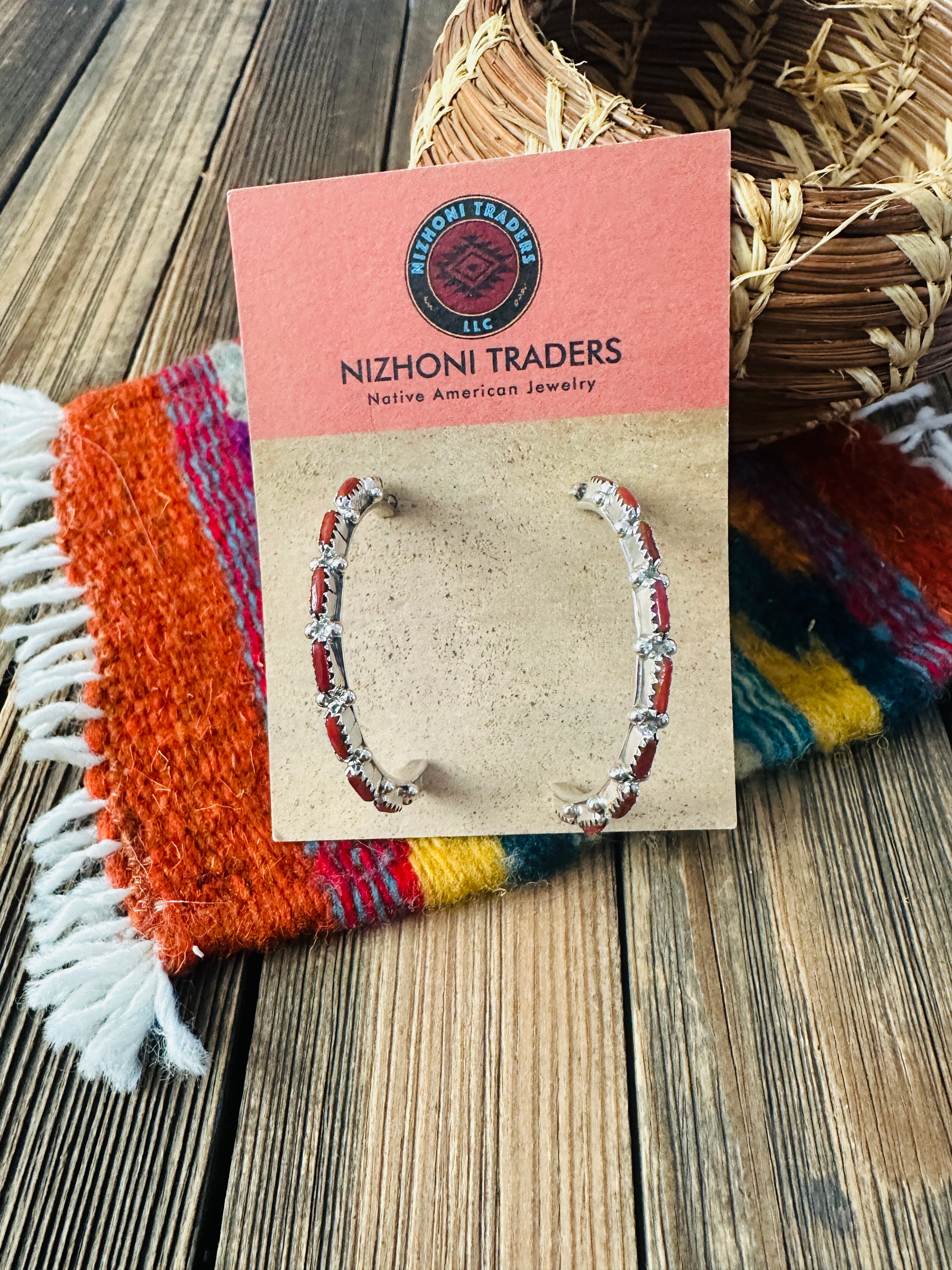 Handcrafted Coral & Sterling Silver Hoop Earrings