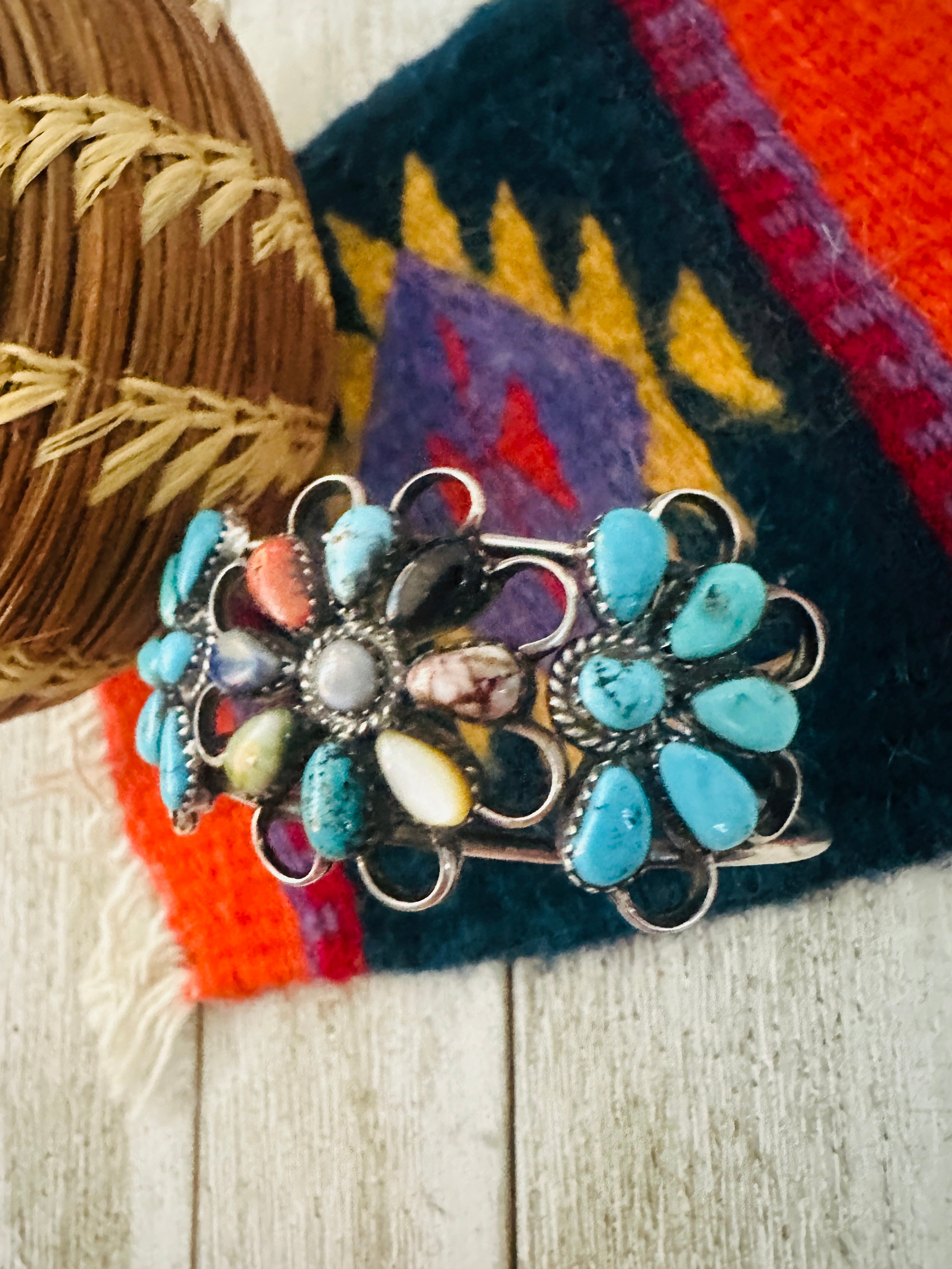 Handcrafted Multi Stone & Sterling Silver Flower Cuff Bracelet