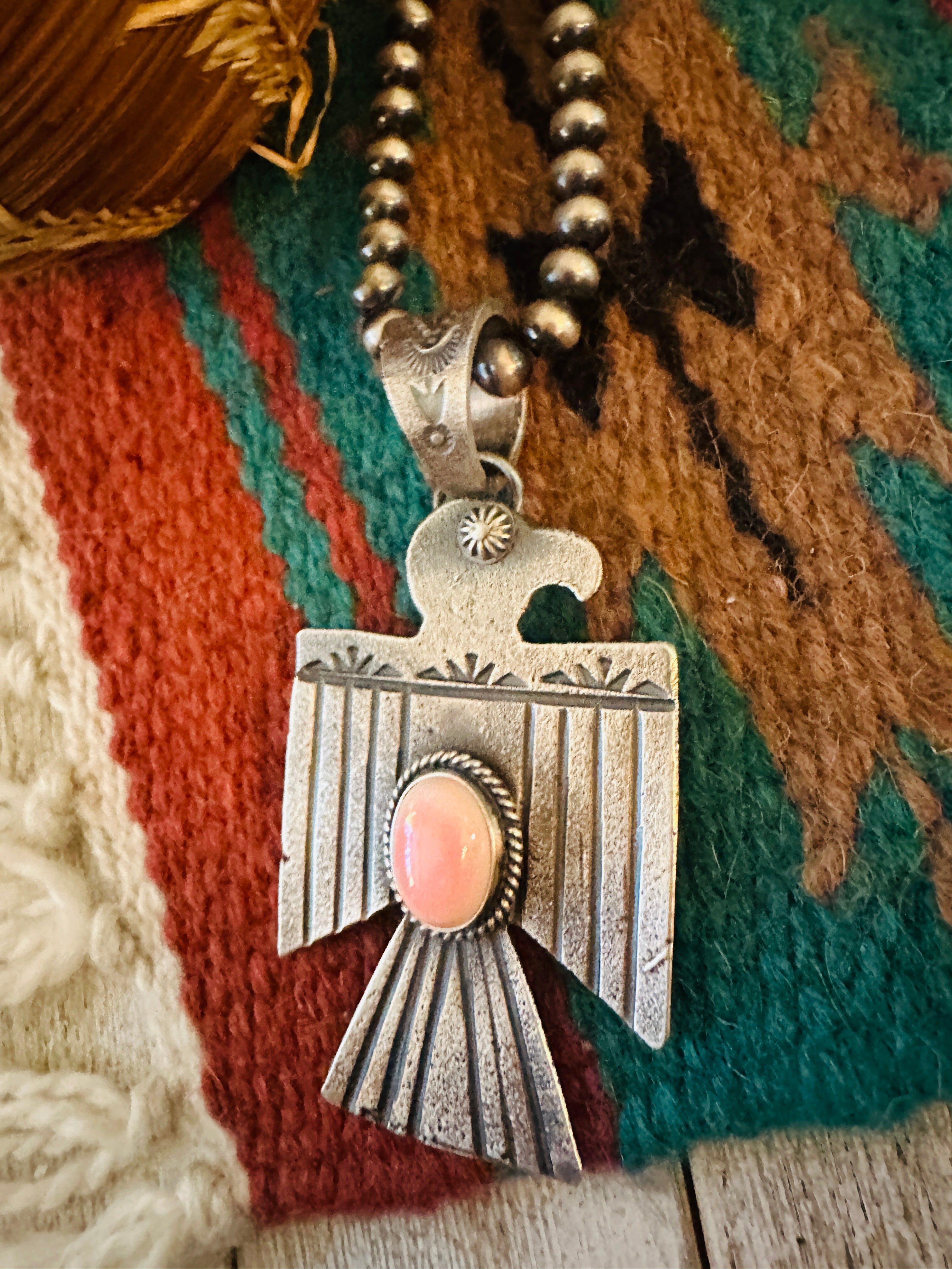 Handcrafted Sterling Silver & Queen Pink Conch Thunderbird Pendant by Kevin Billah