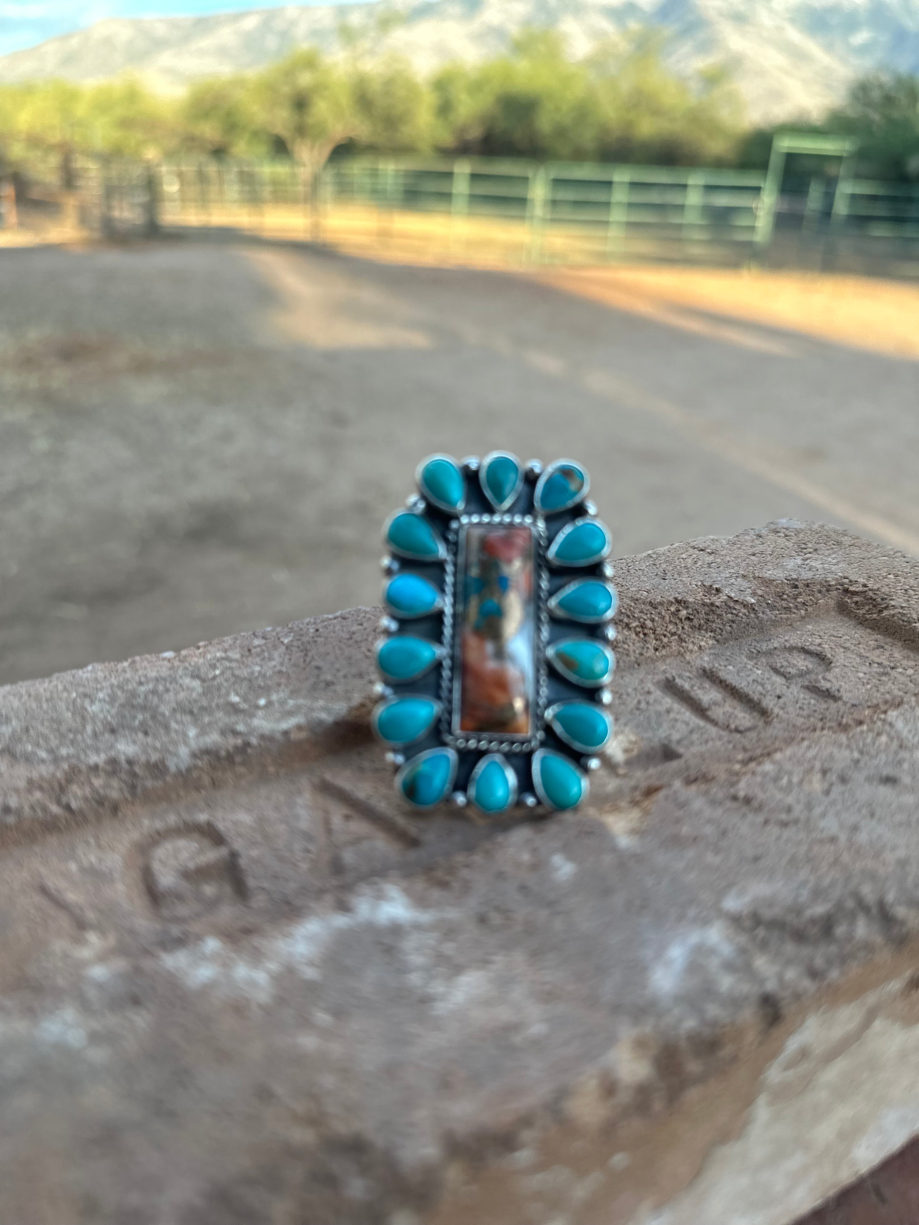 Navajo Made Spice, Kingman Turquoise And Sterling Silver Adjustable Statement  Ring