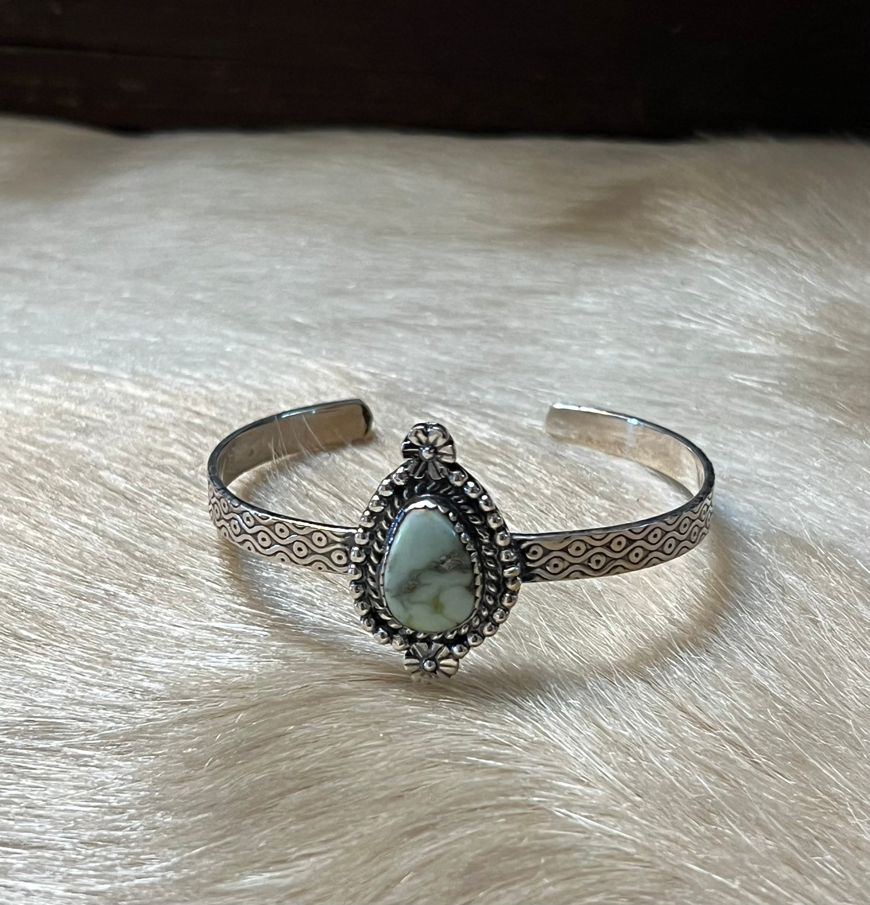 Handmade Etched Sterling Silver Palomino Turquoise Tear Drop Handcuff Bracelet