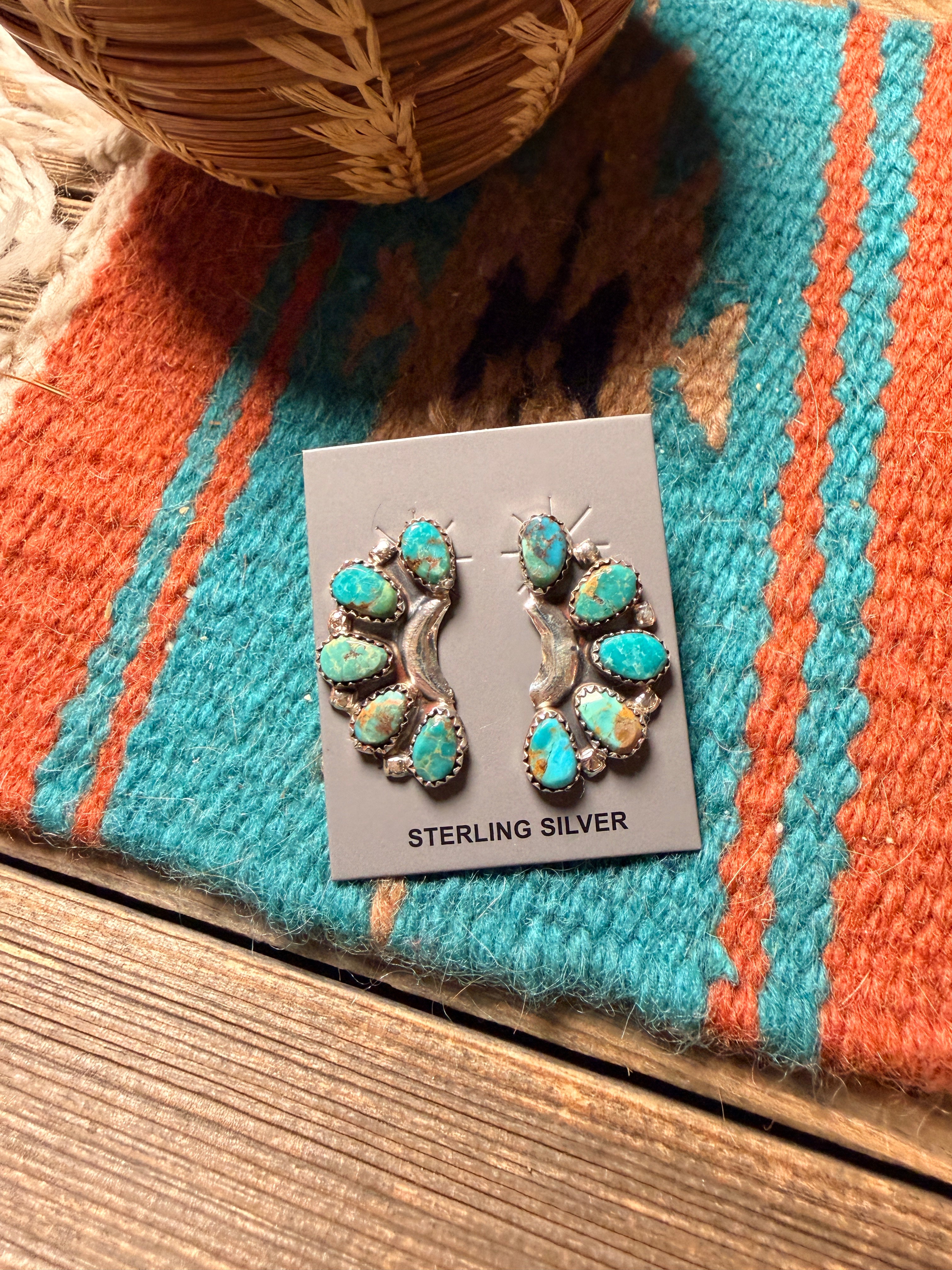 Handcrafted Turquoise & Sterling Silver Cluster Post Earrings Danny L. Wauneka