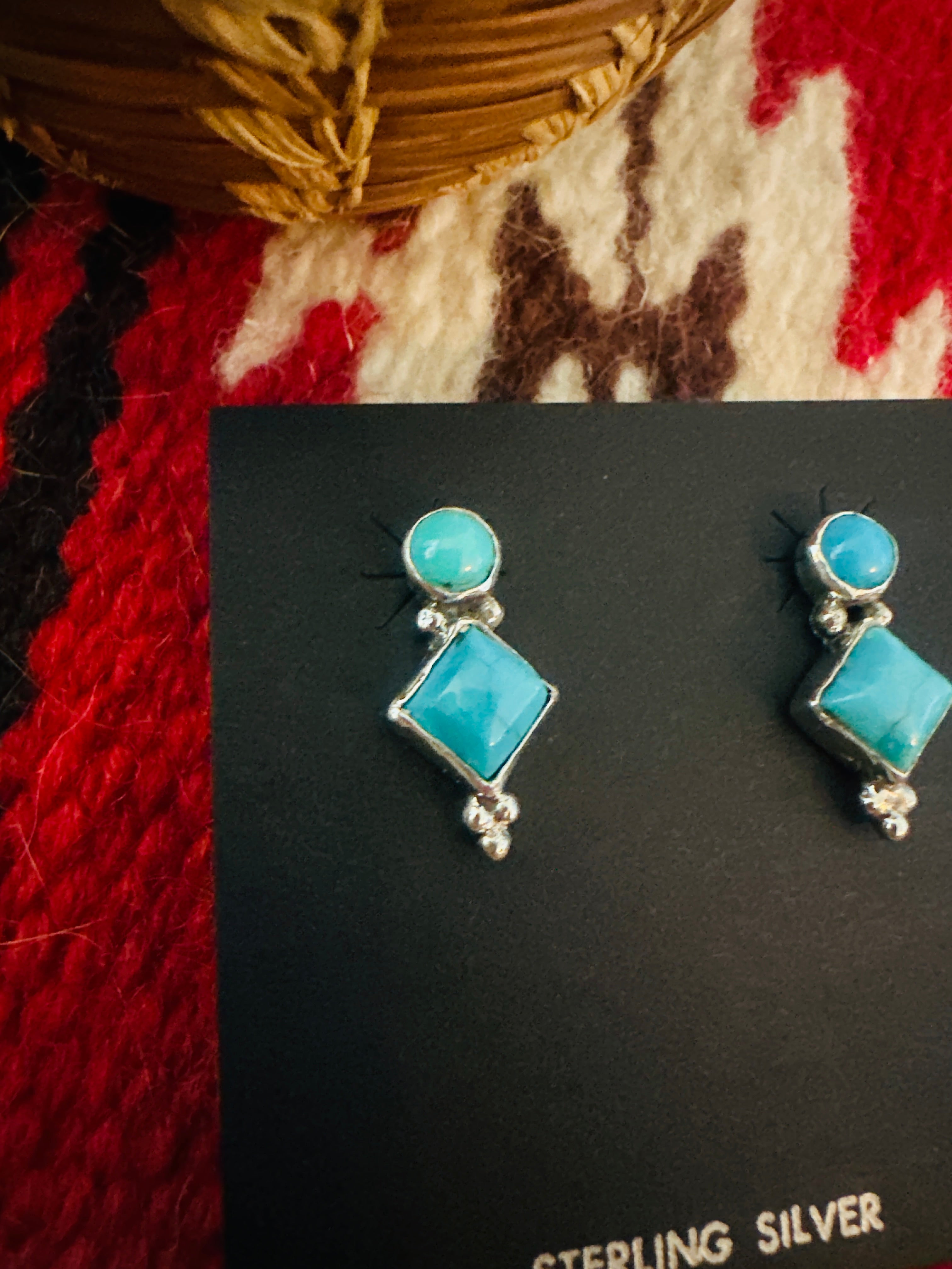 Navajo Sterling Silver & Turquoise Diamond Dangle Earrings