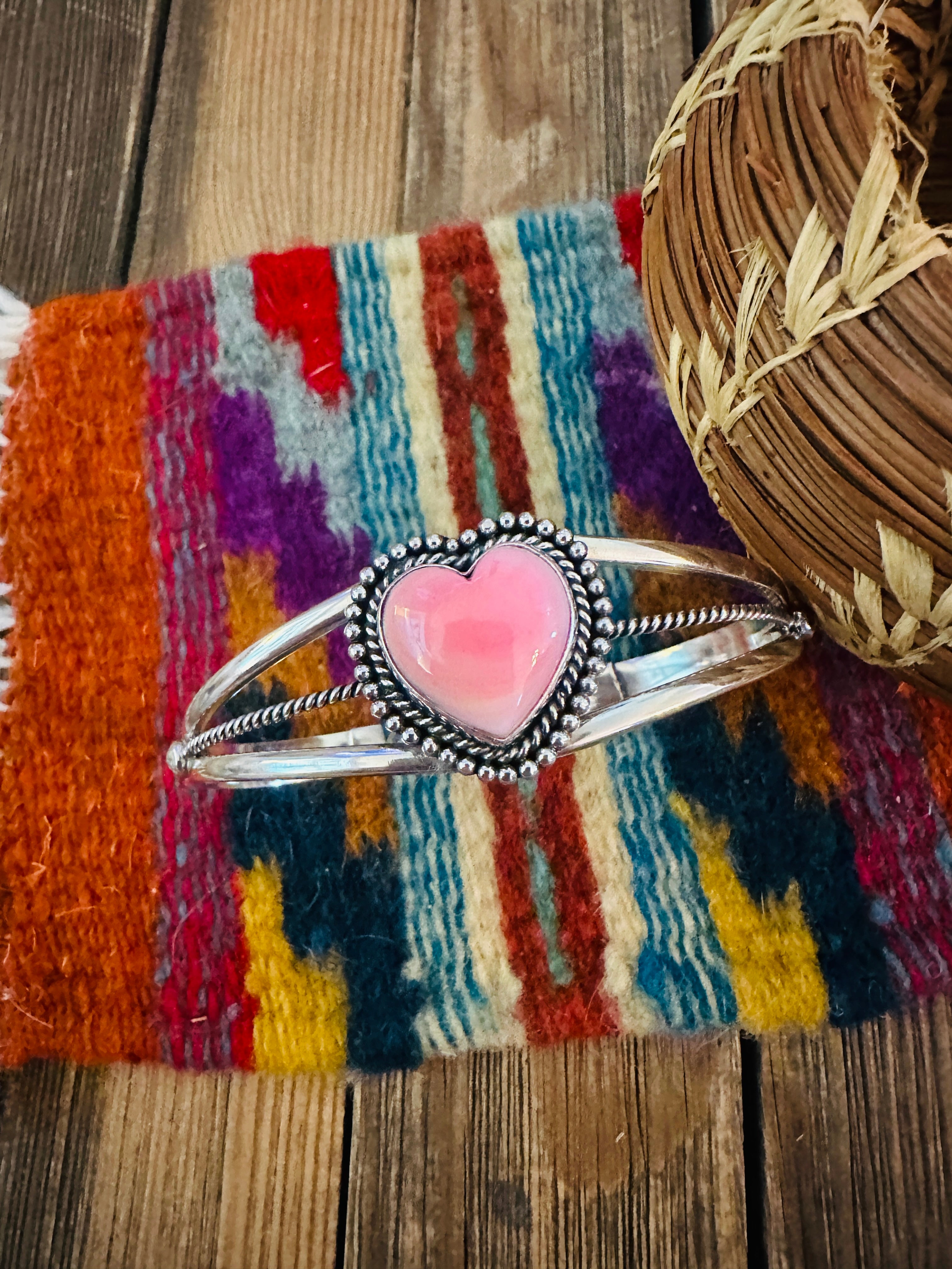 Handcrafted Queen Pink Conch & Sterling Silver Heart Cuff Bracelet