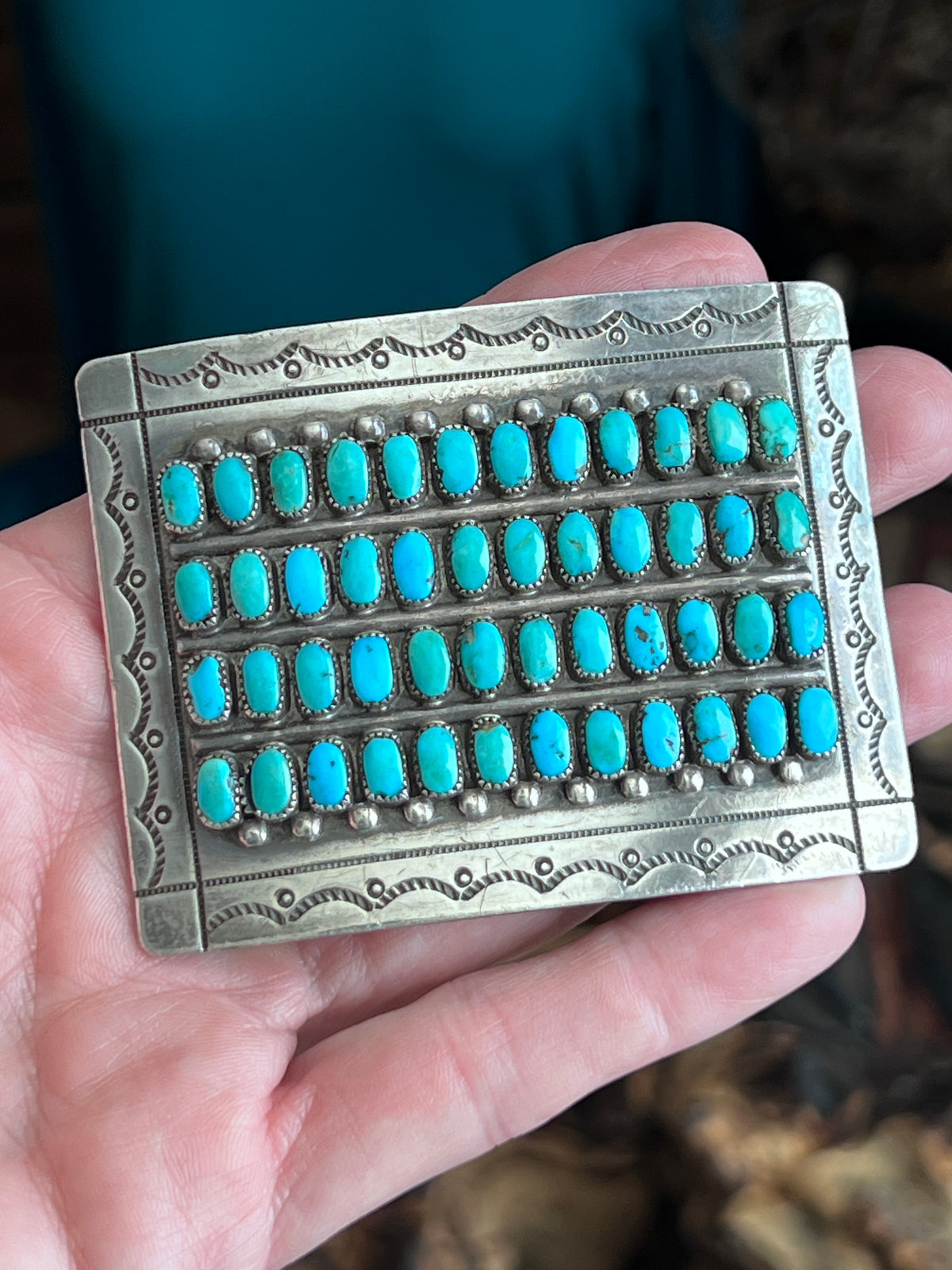 Estate Collection Vintage Sterling Silver & Sleeping Beauty Turquoise Belt Buckle by Maryann and Felix Chavez