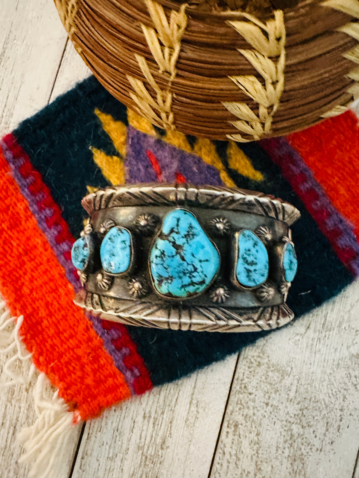 Old Pawn Handcrafted Sterling Silver & Kingman Turquoise Cuff Bracelet