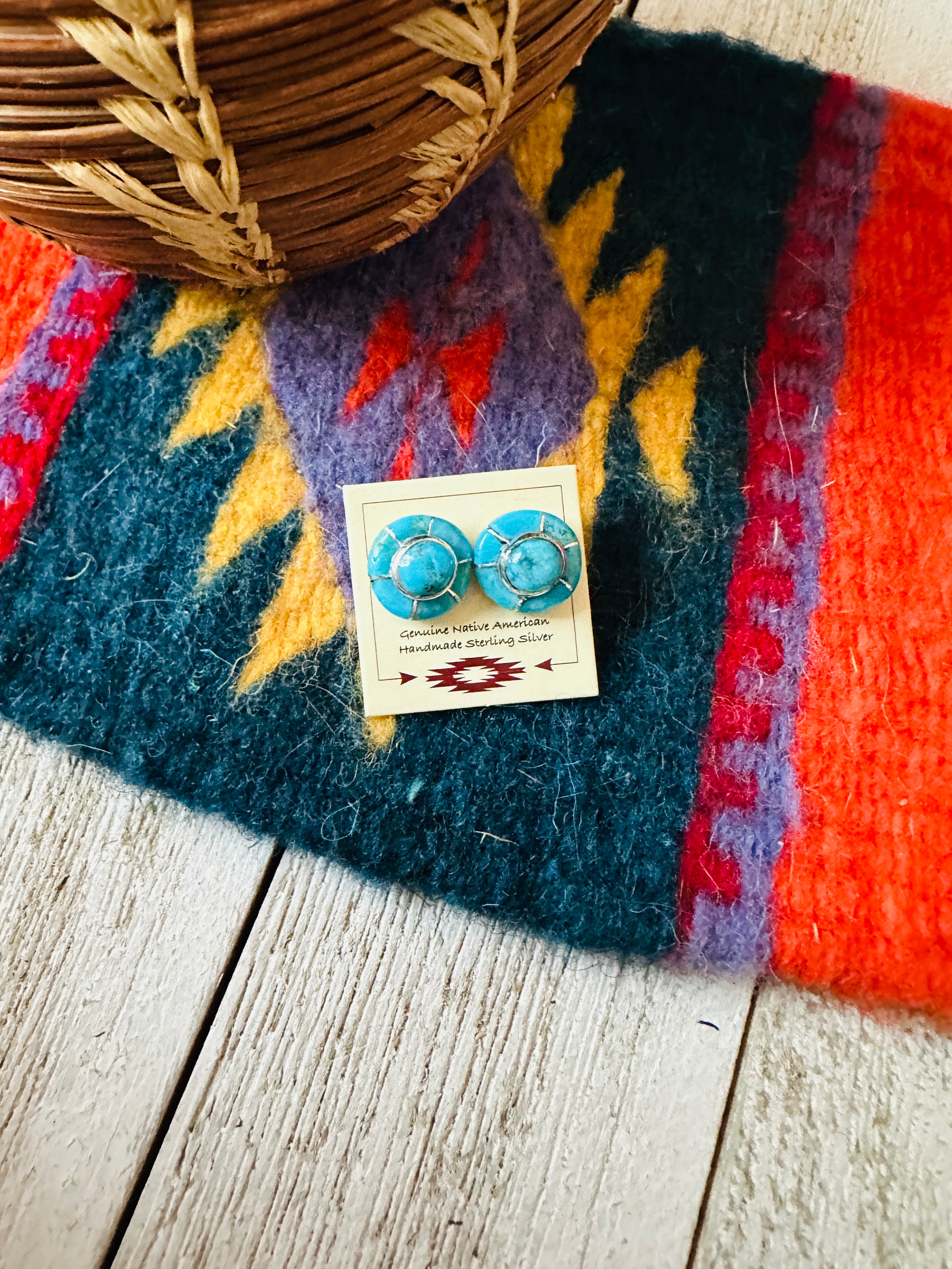 Zuni Sterling Silver & Turquoise Inlay Stud Earrings