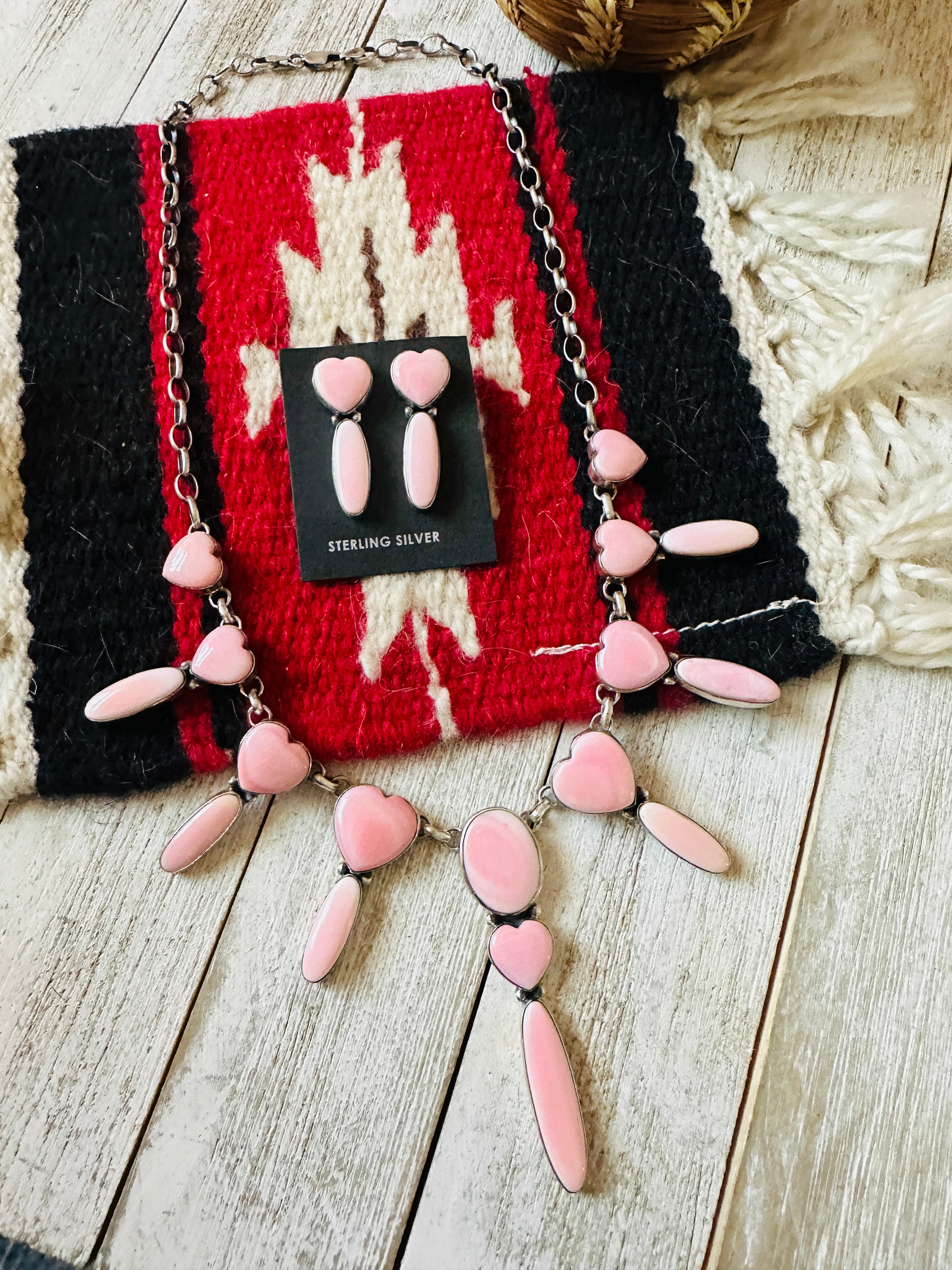 Navajo Queen Pink Conch & Sterling Silver Heart Necklace Set