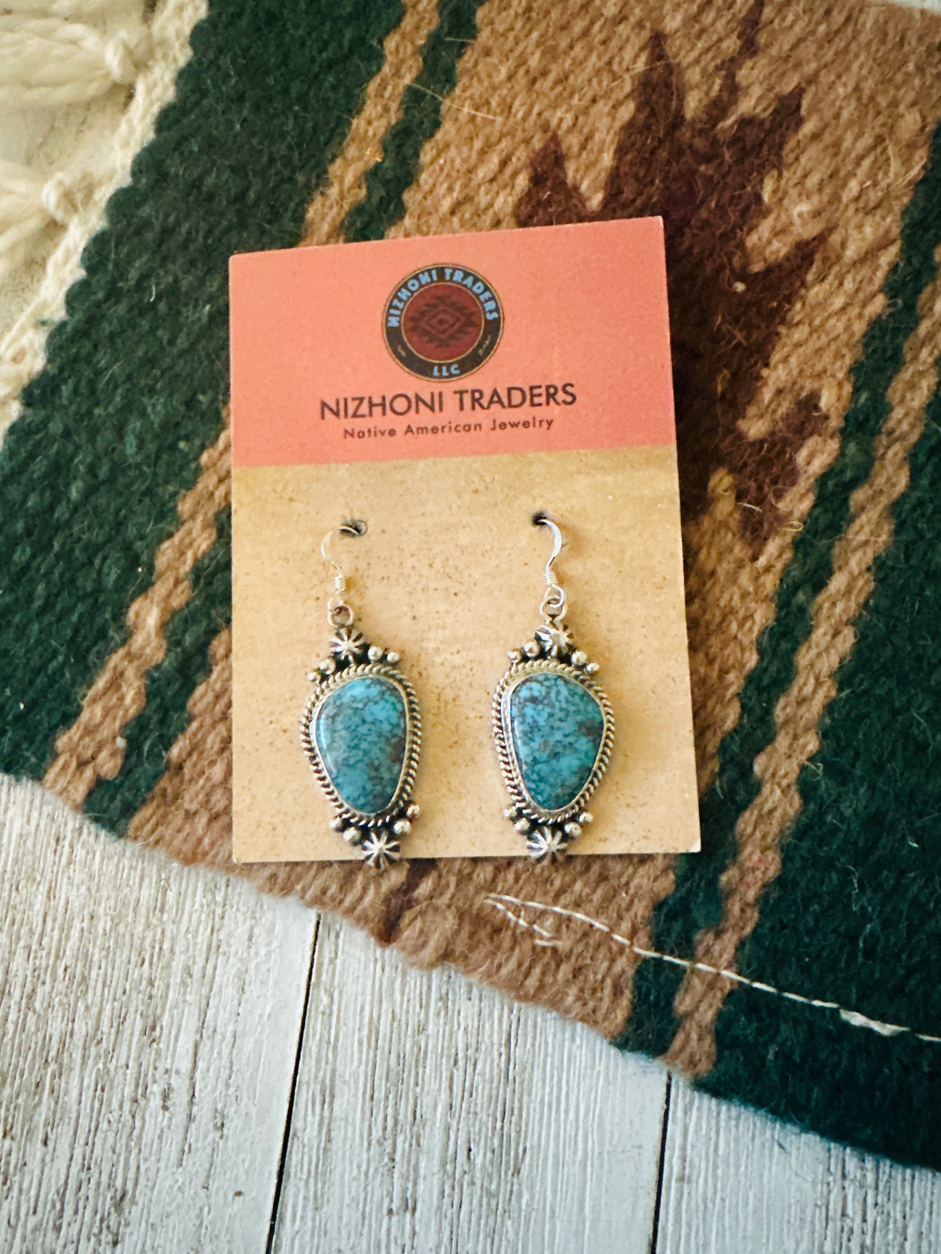 Navajo Kingman Web Turquoise and Sterling Silver Dangle Earrings