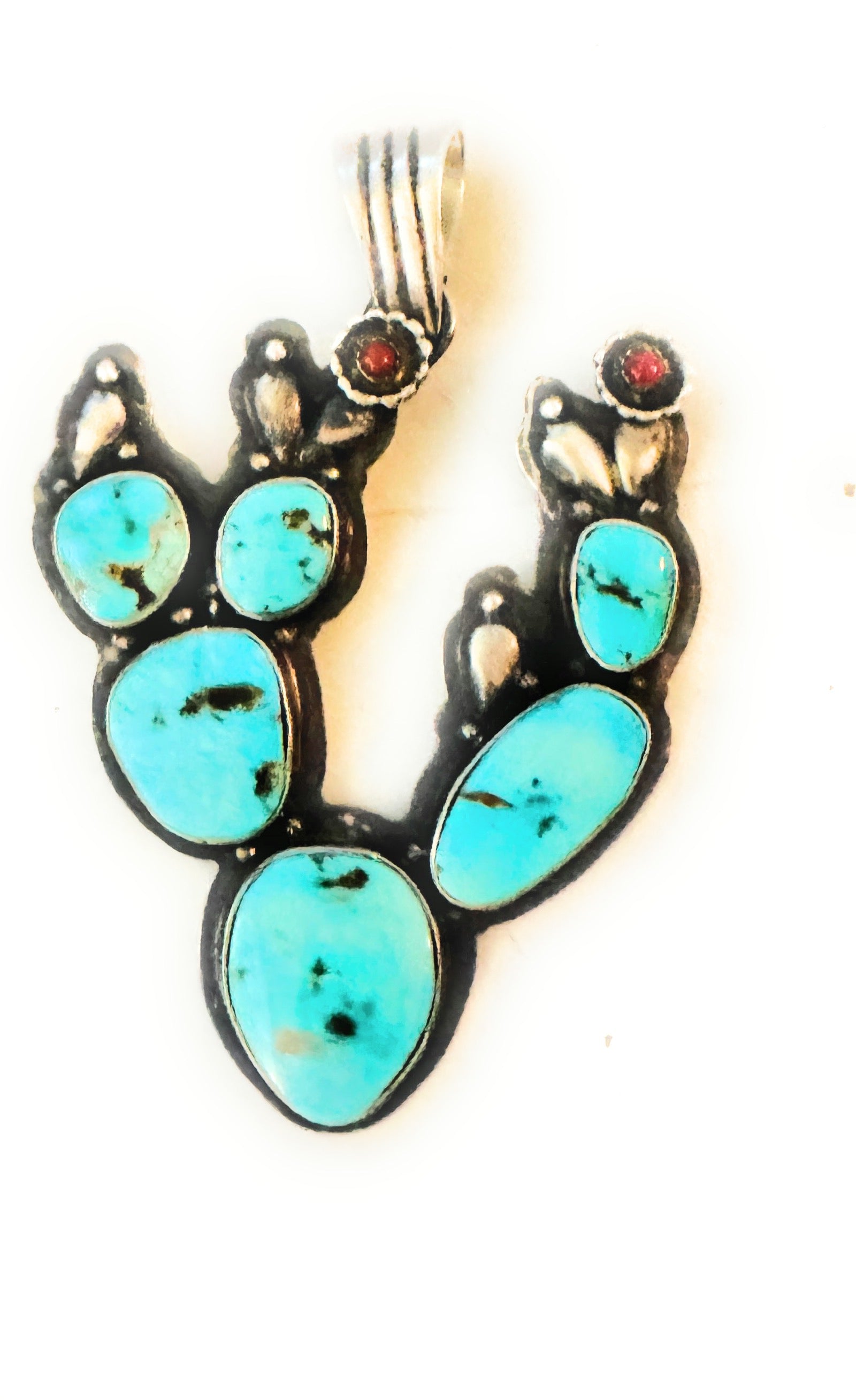 Navajo Turquoise, Coral and Sterling Silver Cactus Pendant