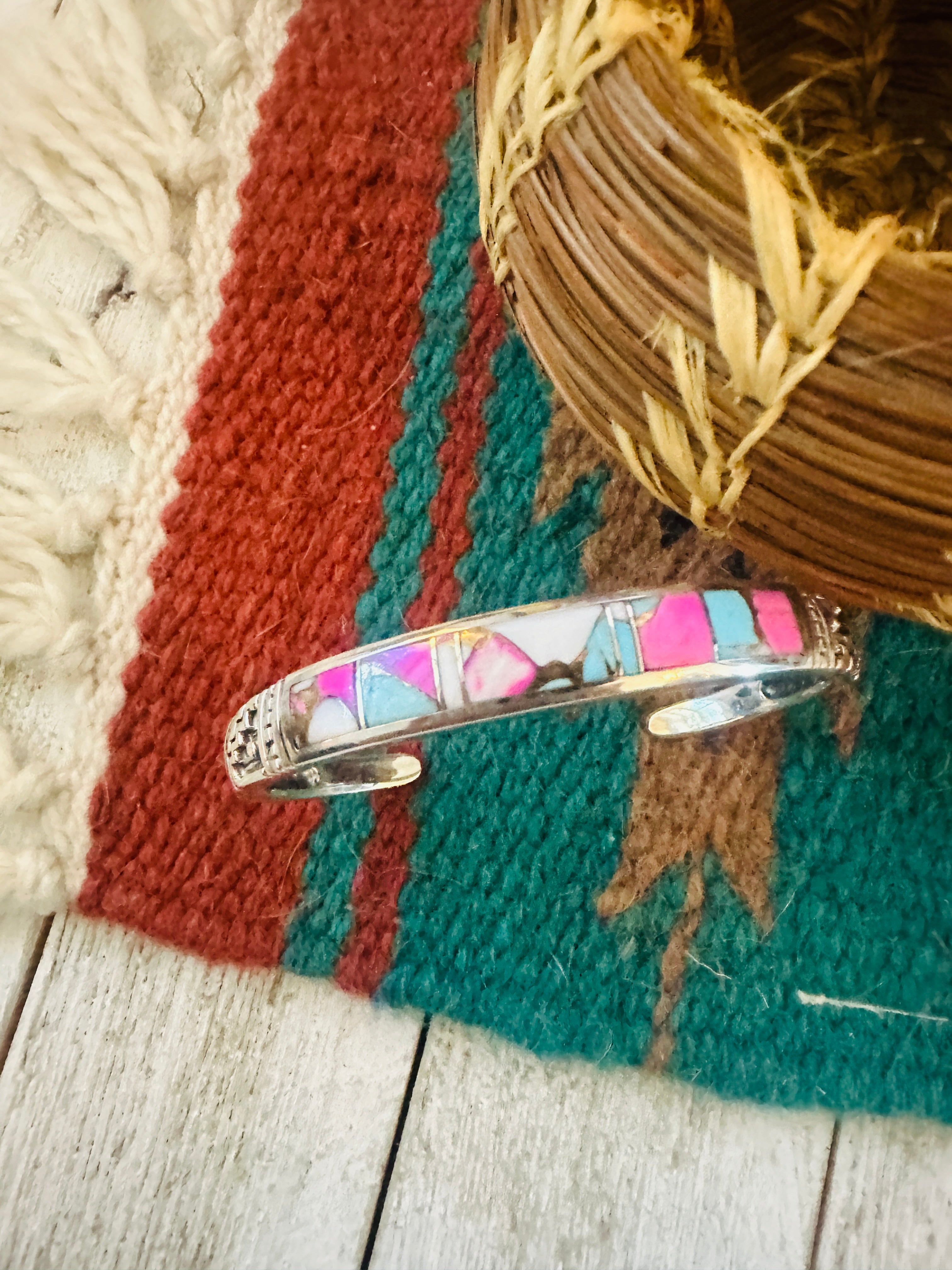 Handcrafted Cotton Candy & Sterling Silver Inlay Cuff Bracelet