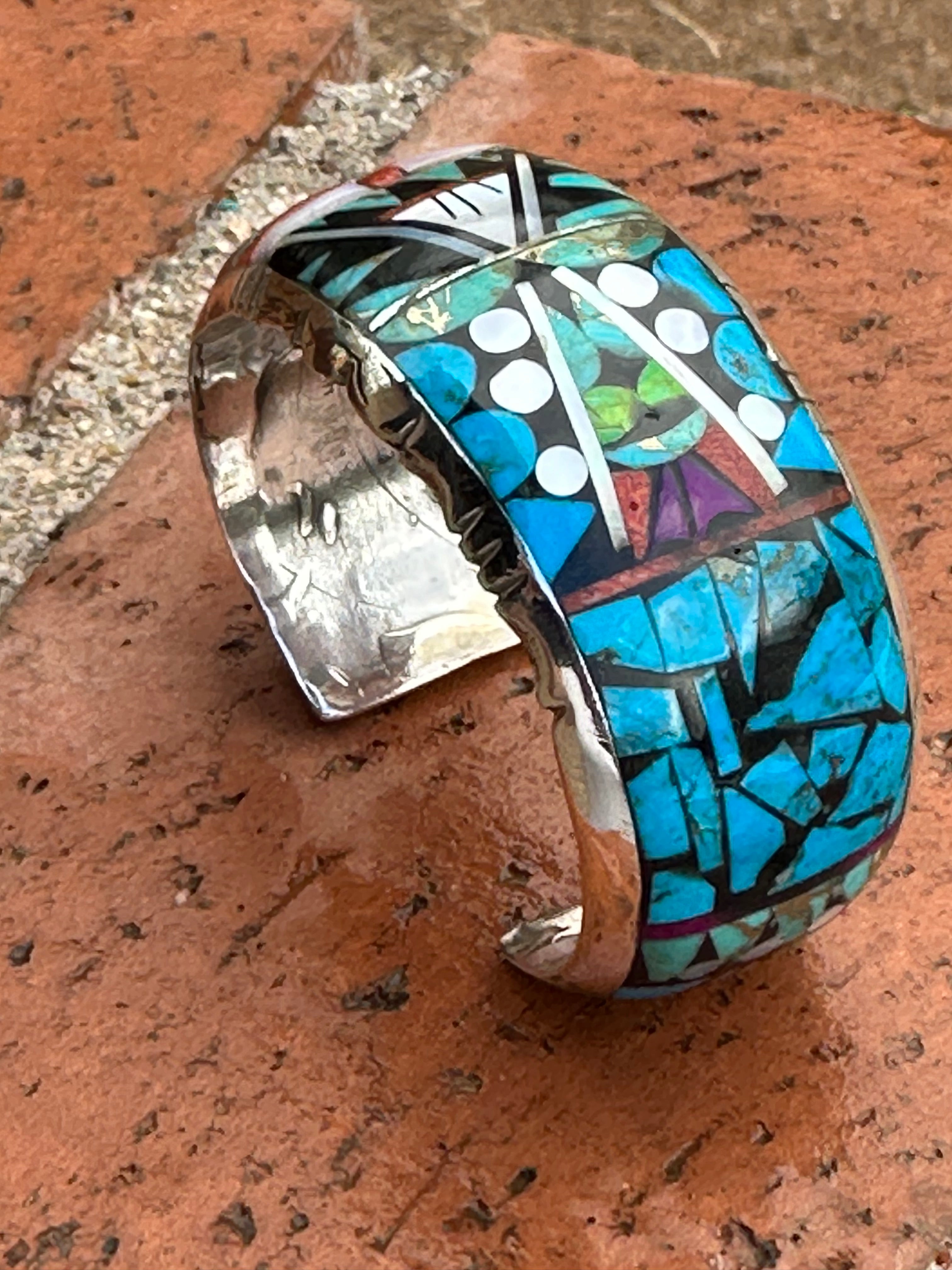 Handmade Sterling Silver Multi Stone Mosaic  Inlay Cuff