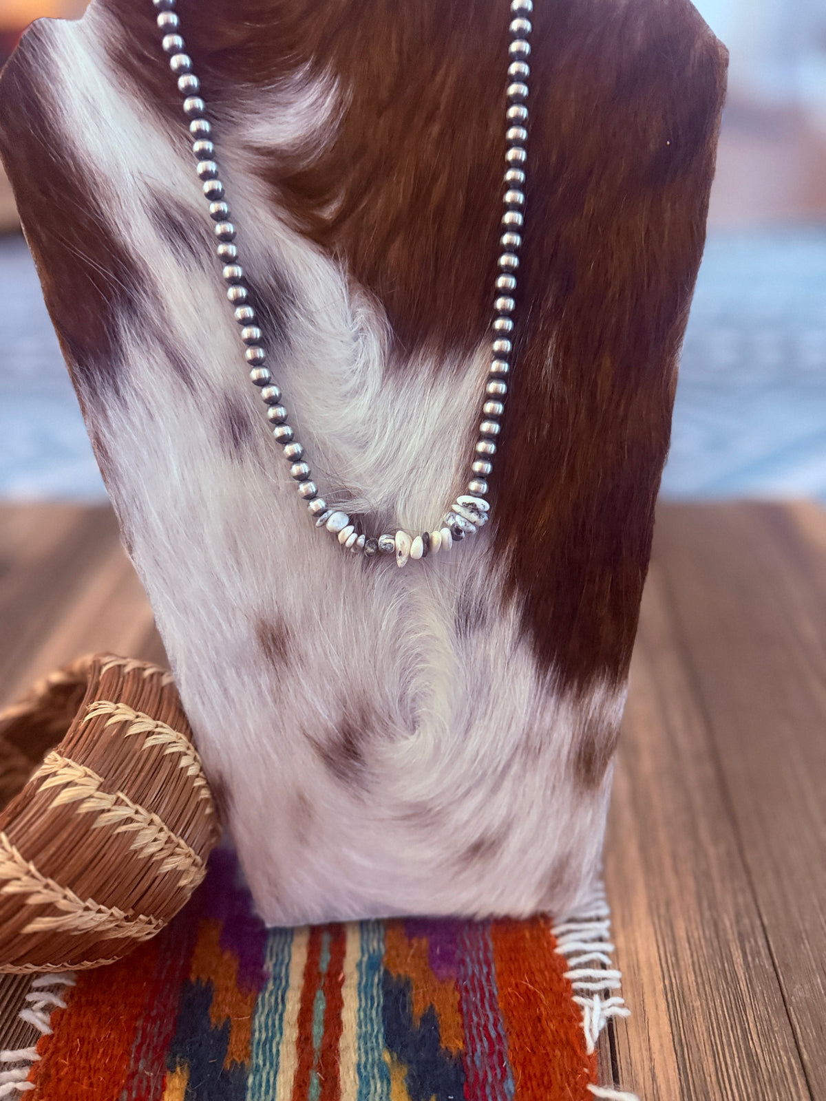 Handcrafted White Buffalo & Sterling Silver Pearl 20” Beaded Necklace