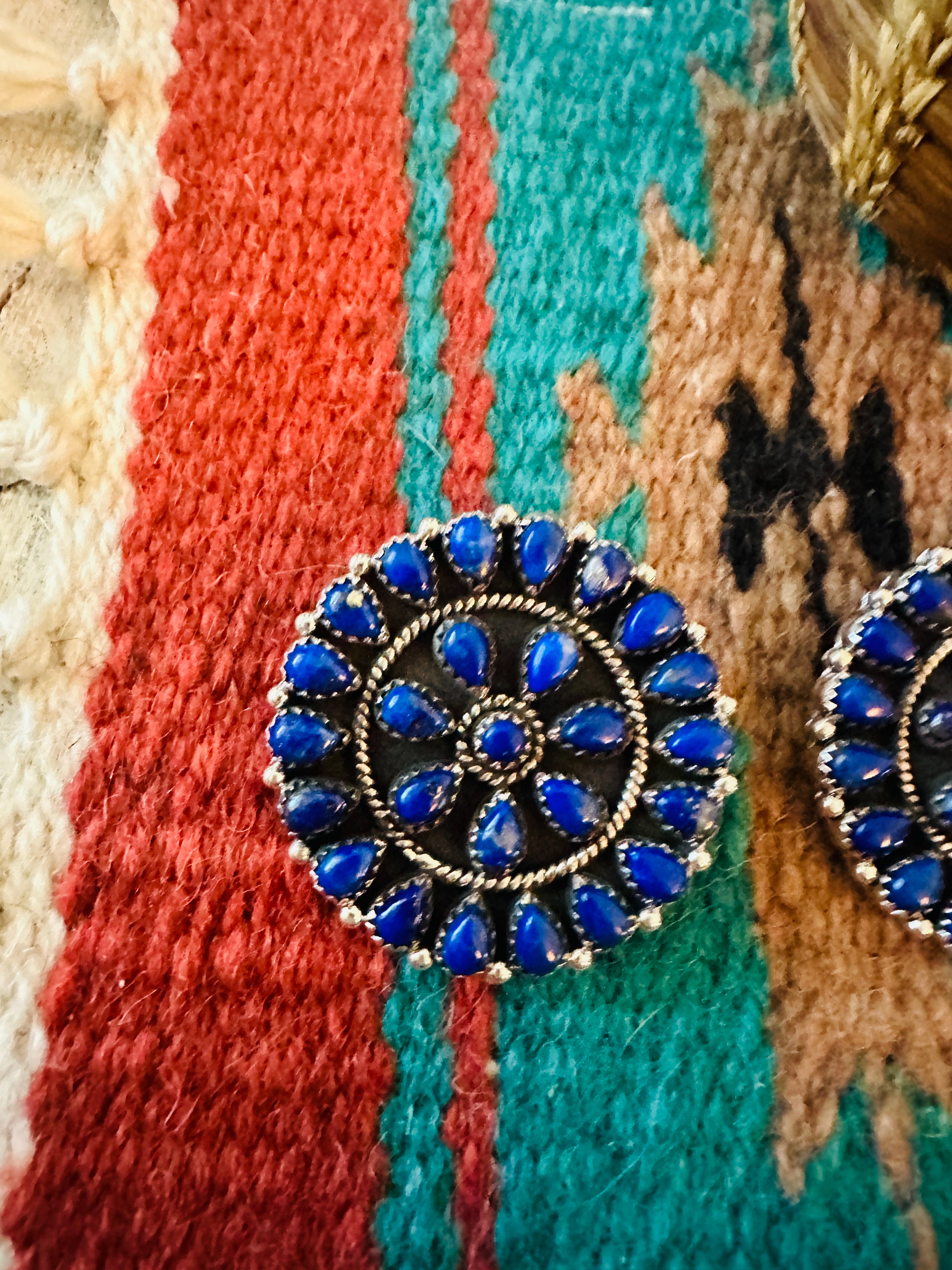 Handmade Lapis & Sterling Silver Cluster Post Earrings Signed Nizhoni