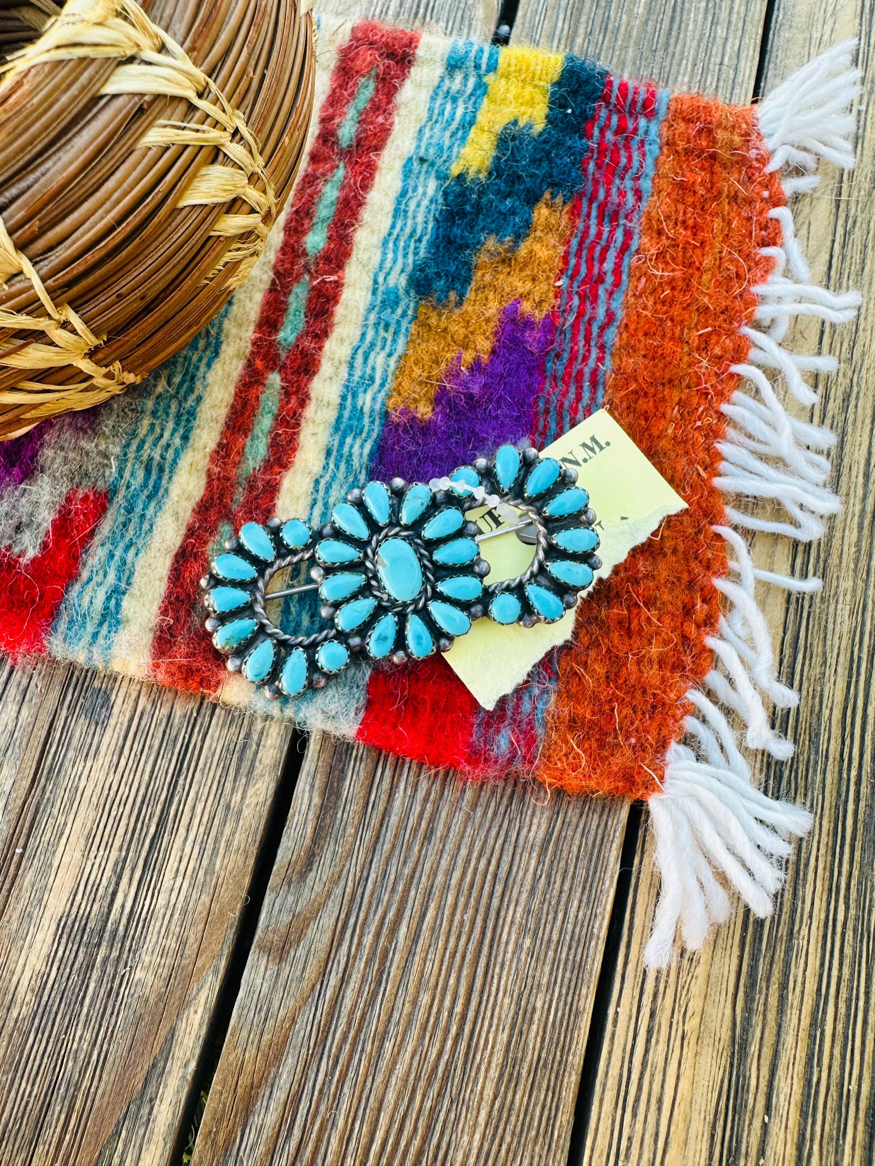 Old Pawn Handcrafted Turquoise and Sterling Silver Cluster Brooch