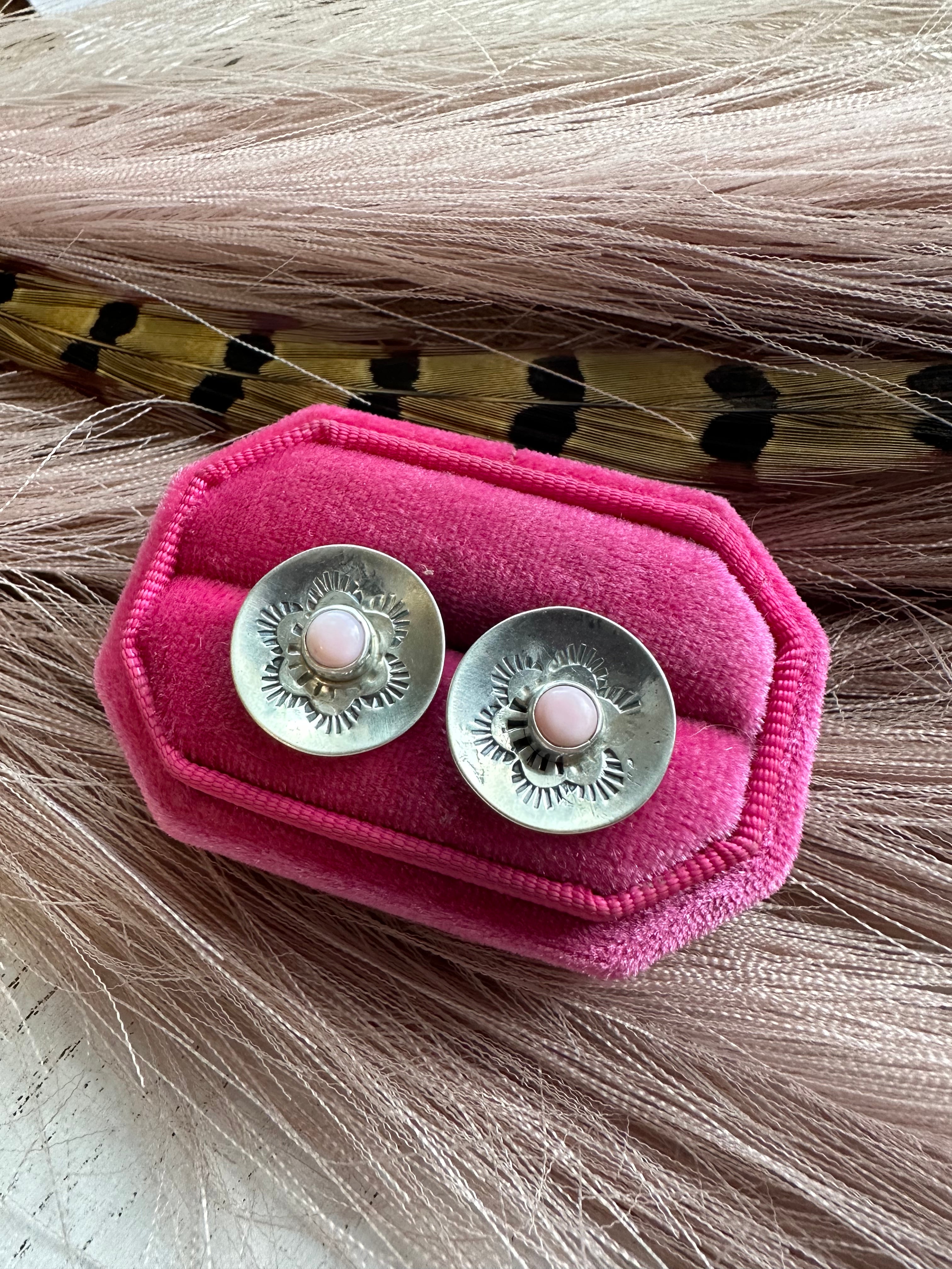 Navajo Sterling Silver & Pink Conch Post Earrings Signed B Shorty