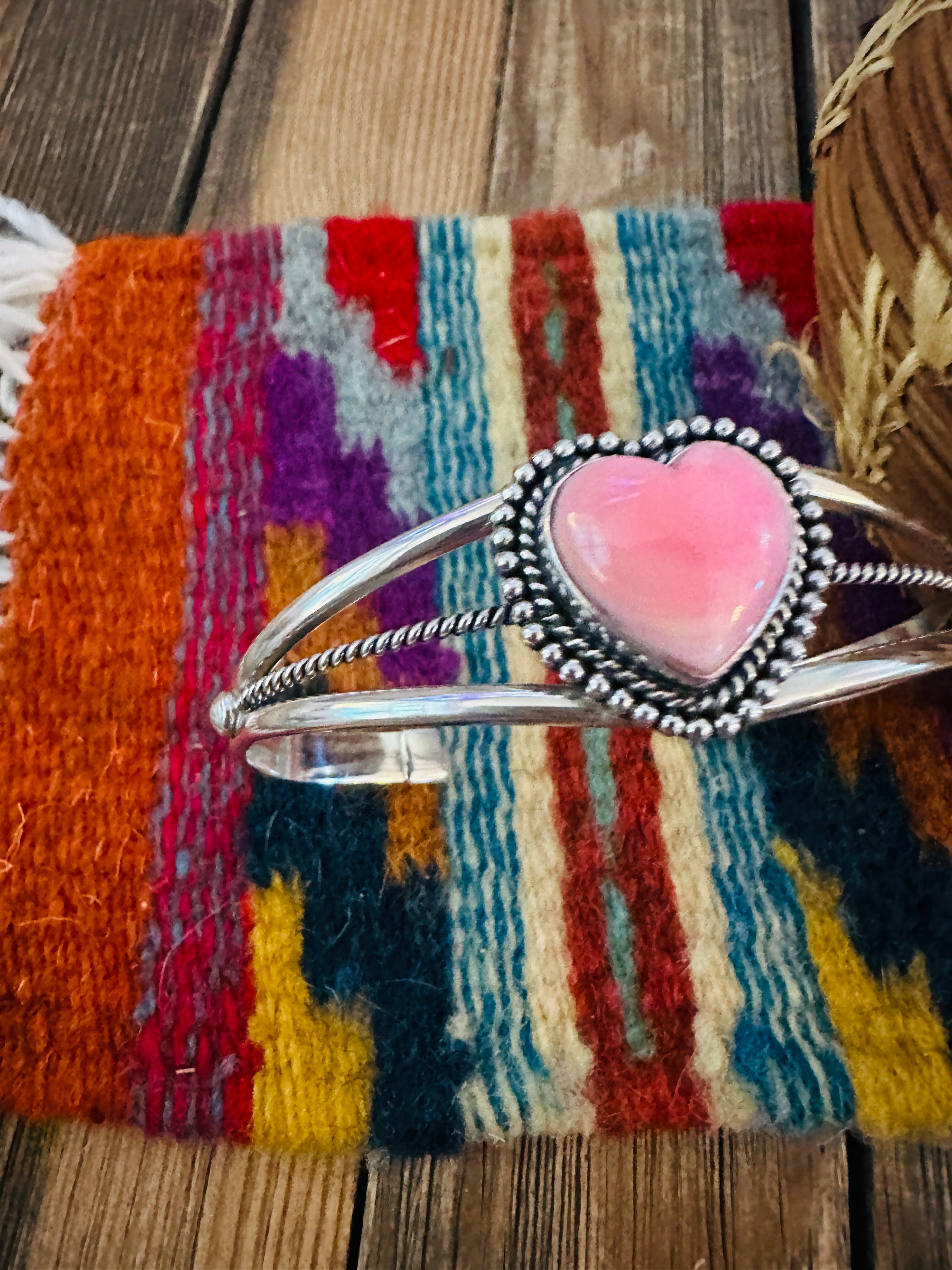 Handcrafted Queen Pink Conch & Sterling Silver Heart Cuff Bracelet