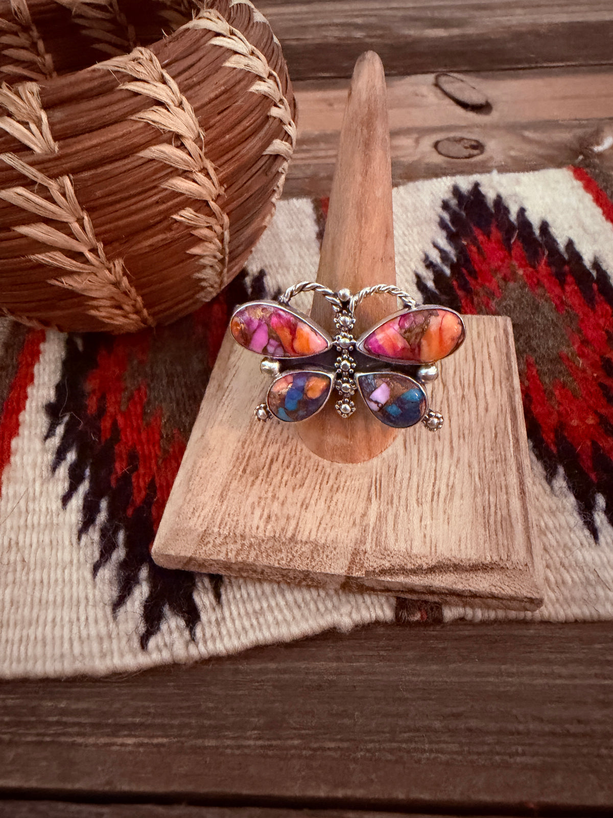 Handcrafted Pink Dream Mojave & Sterling Silver Adjustable Butterfly Ring
