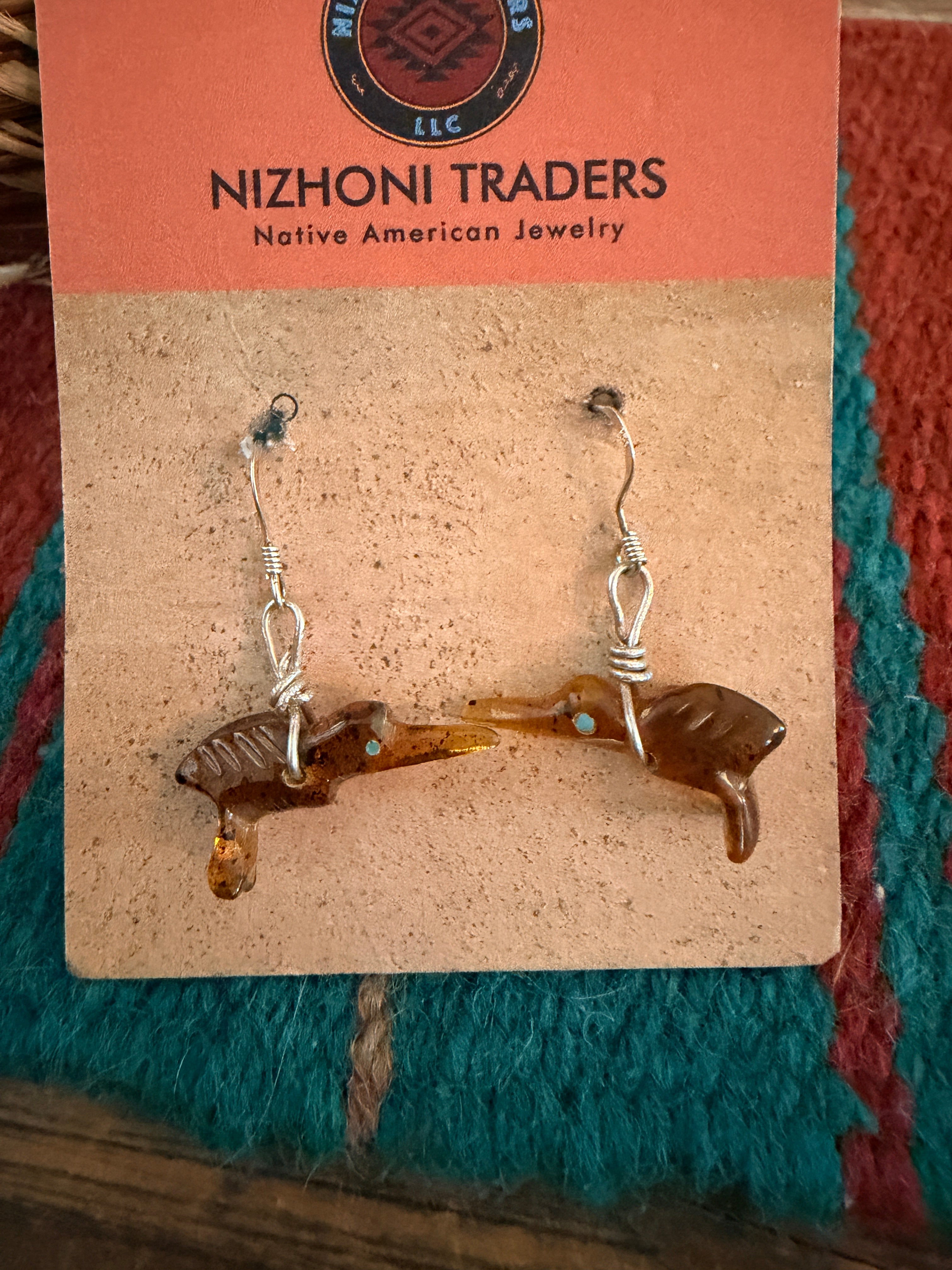 Hand Carved Amber and Turquoise Fetish Hummingbird Dangle Earrings