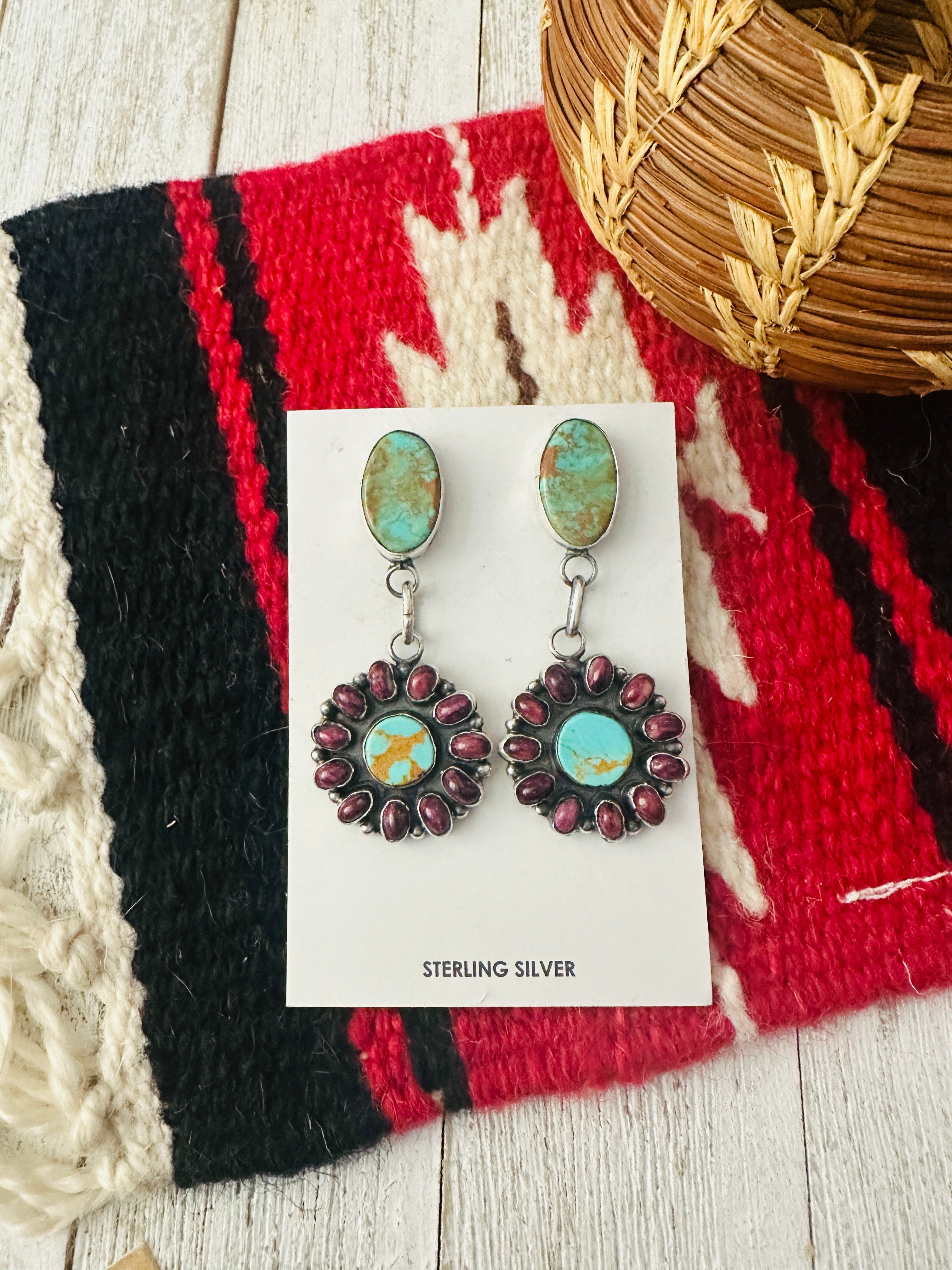 Navajo Turquoise, Spiny & Sterling Silver Dangle Earrings by Jacqueline Silver