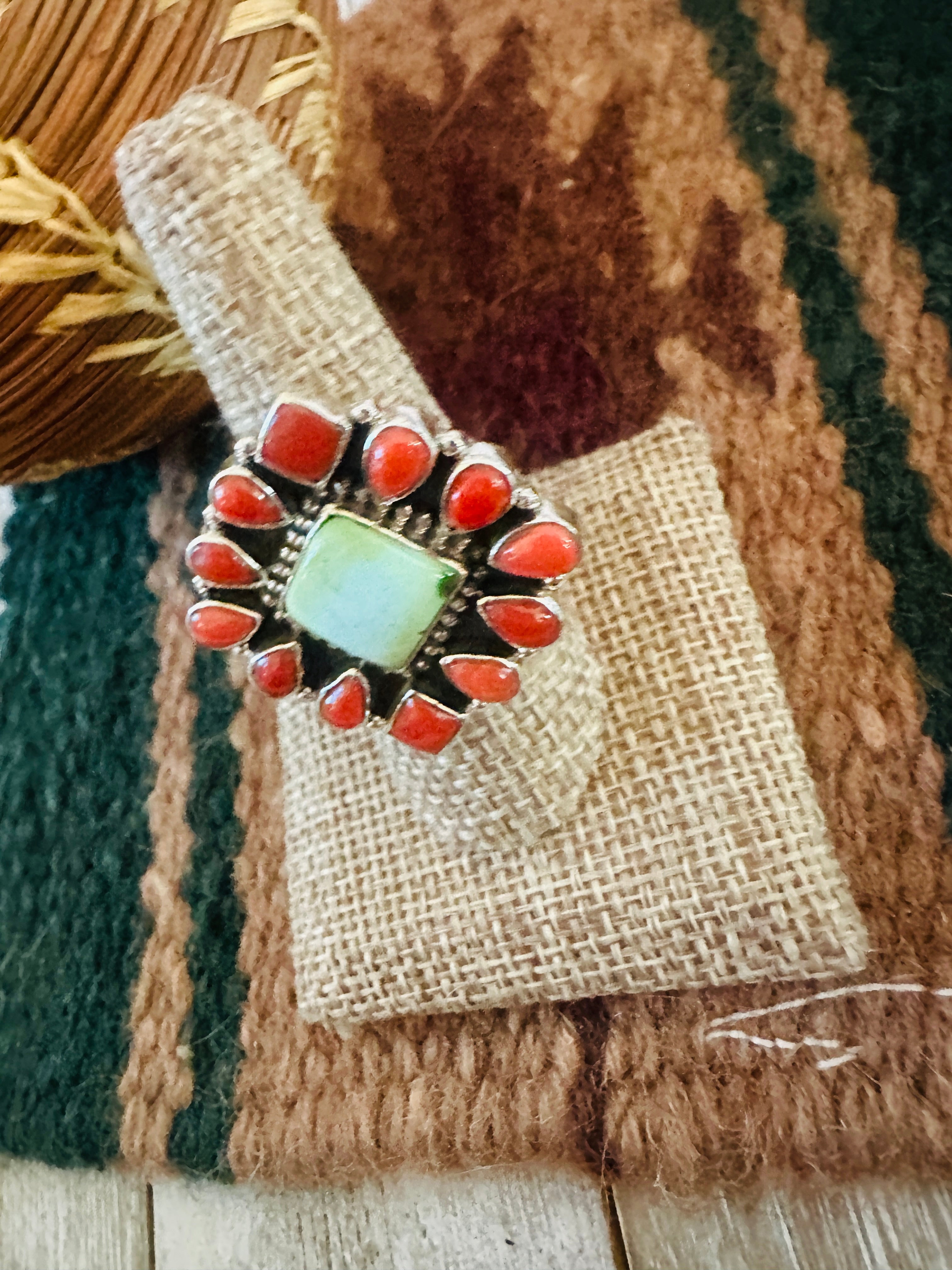 ** Christmas Collection ** Handmade Sterling Silver, Turquoise & Coral Adjustable Ring Signed Nizhoni
