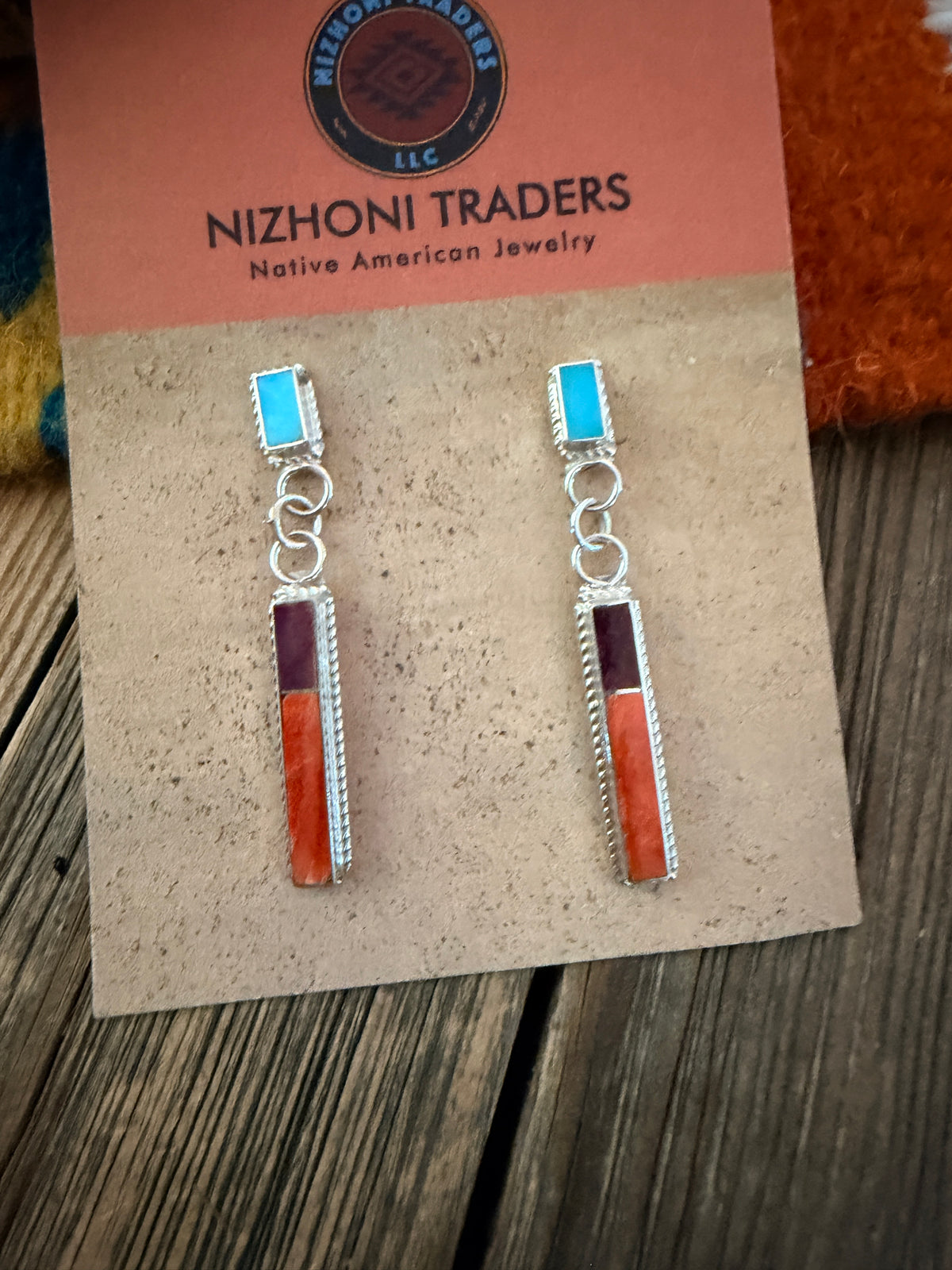 Handcrafted Spiny Oyster, Turquoise & Sterling Silver Inlay Dangle Earrings