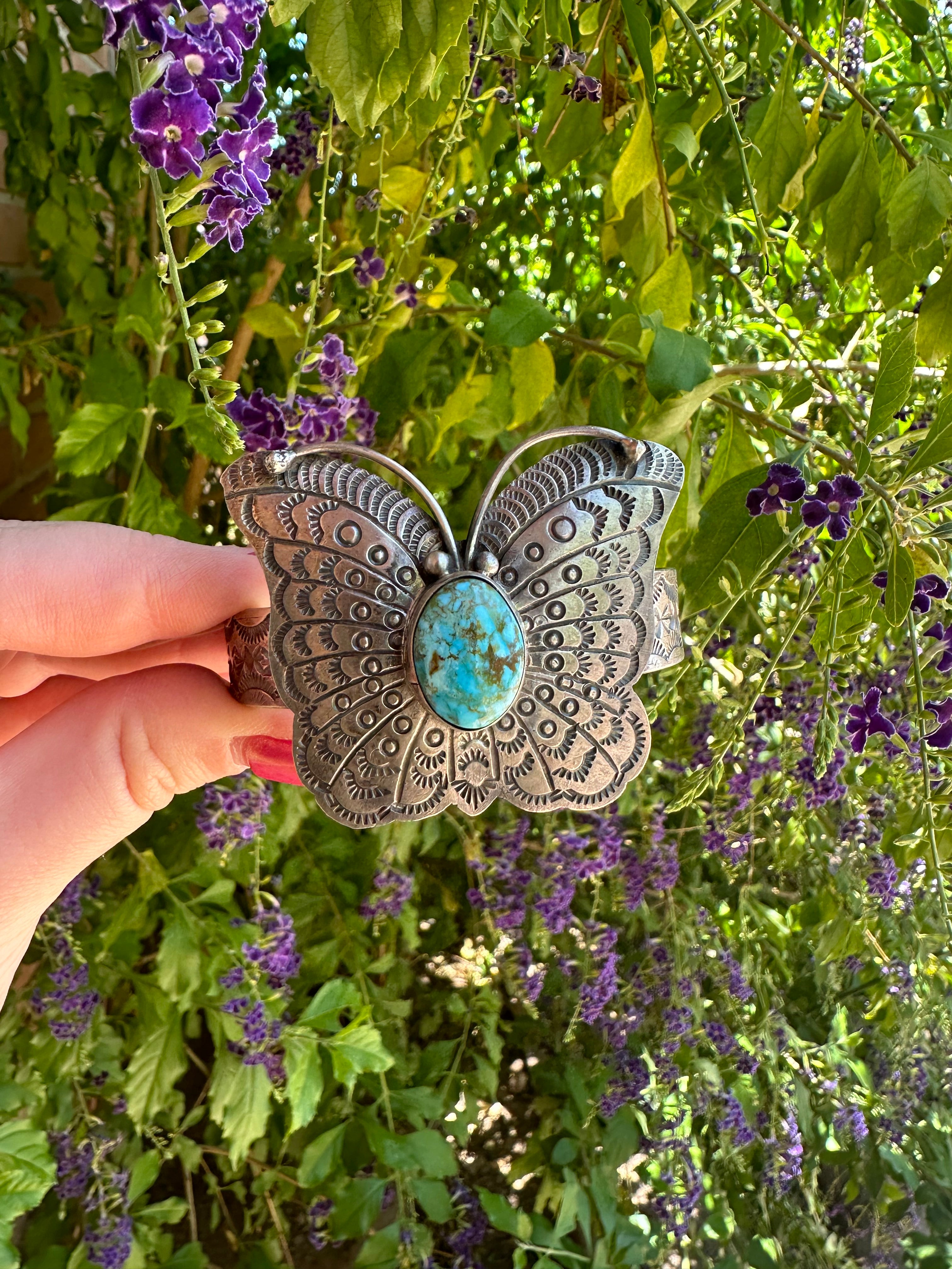 Navajo Turquoise & Sterling Silver Butterfly Cuff Bracelet Signed B Johnson