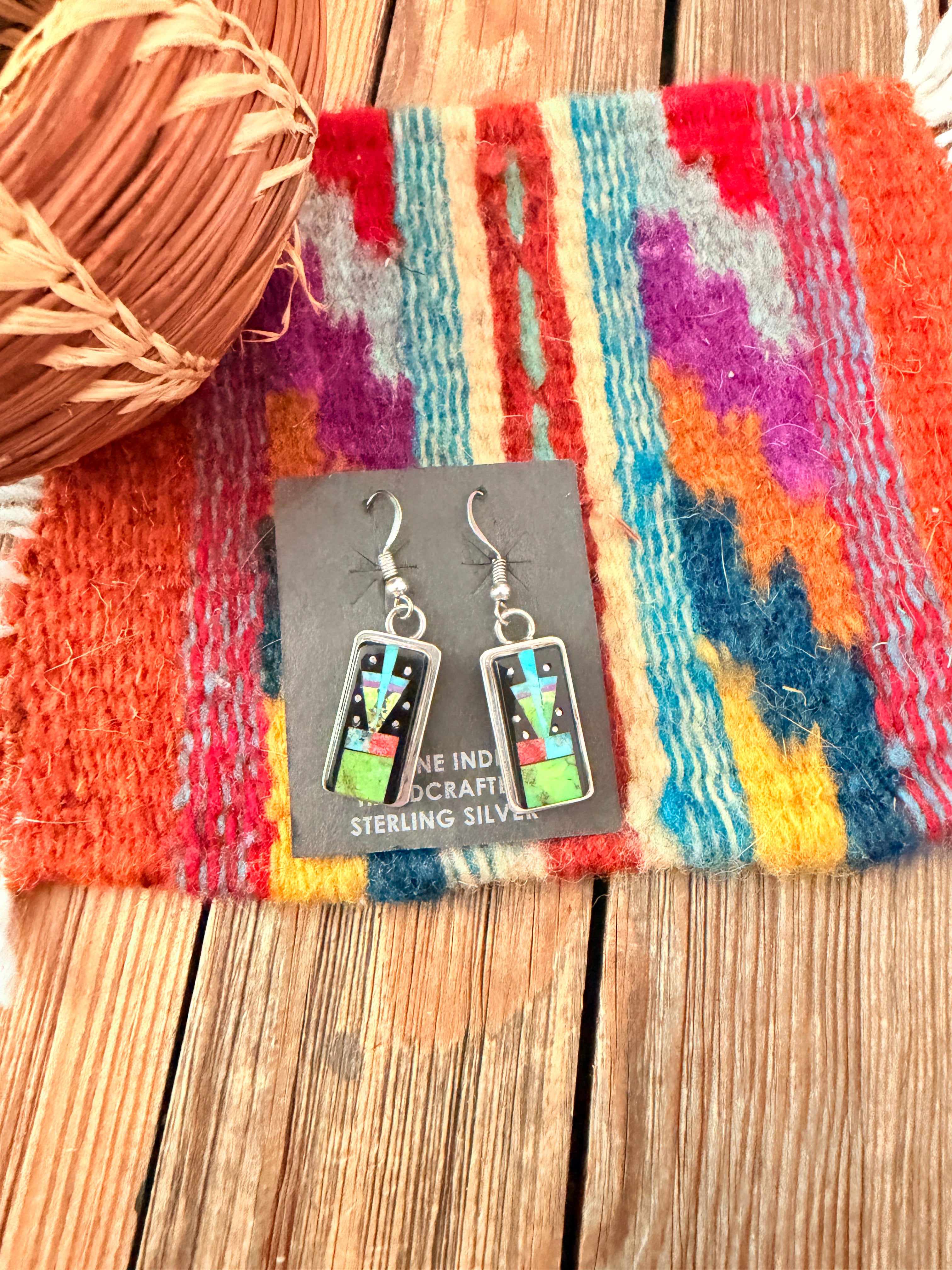 Handcrafted Multi Stone & Sterling Silver Inlay Dangle Earrings by Sylvana Apache