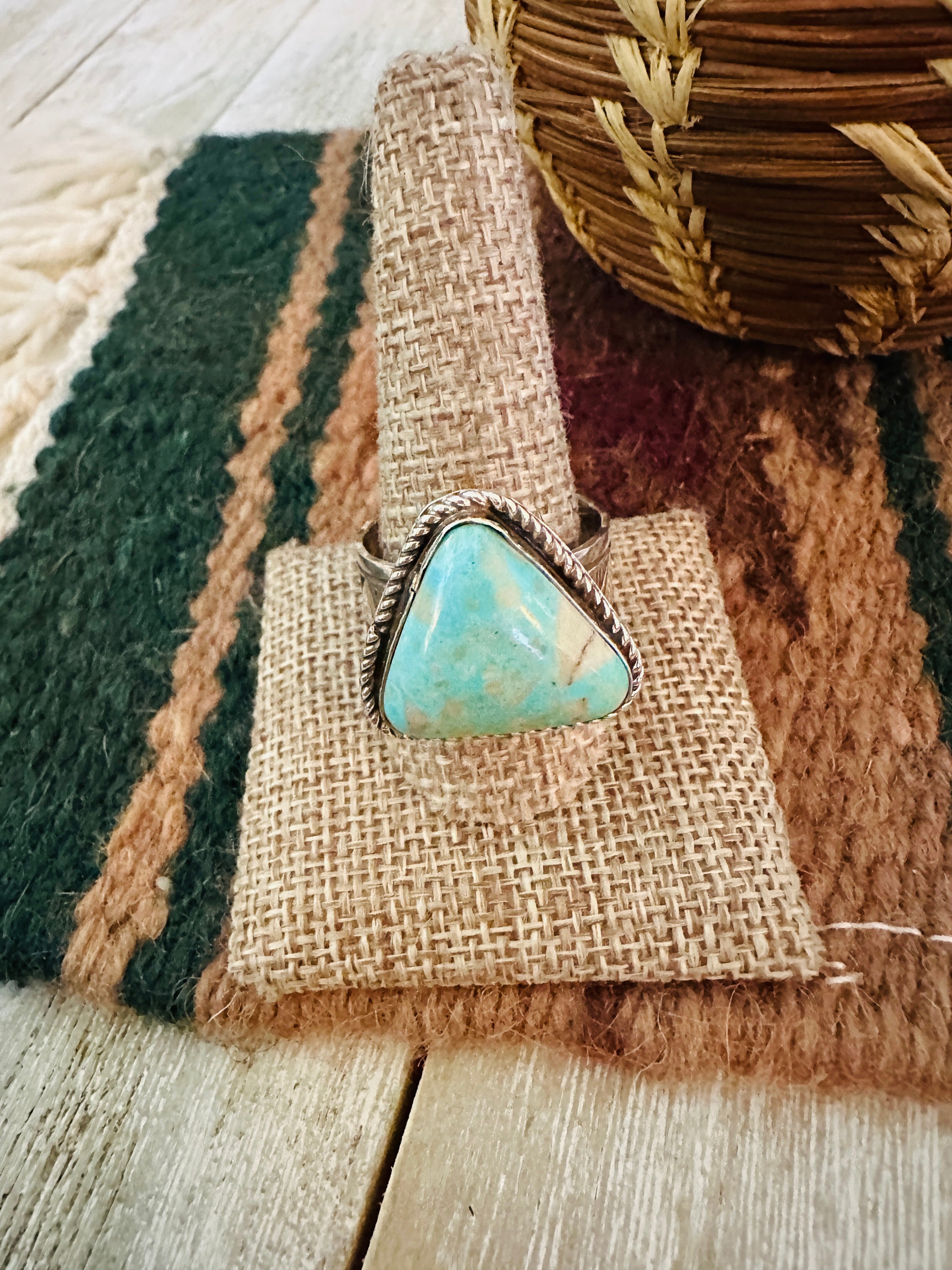 Old Pawn Handcrafted Turquoise & Sterling Silver Ring Size 13