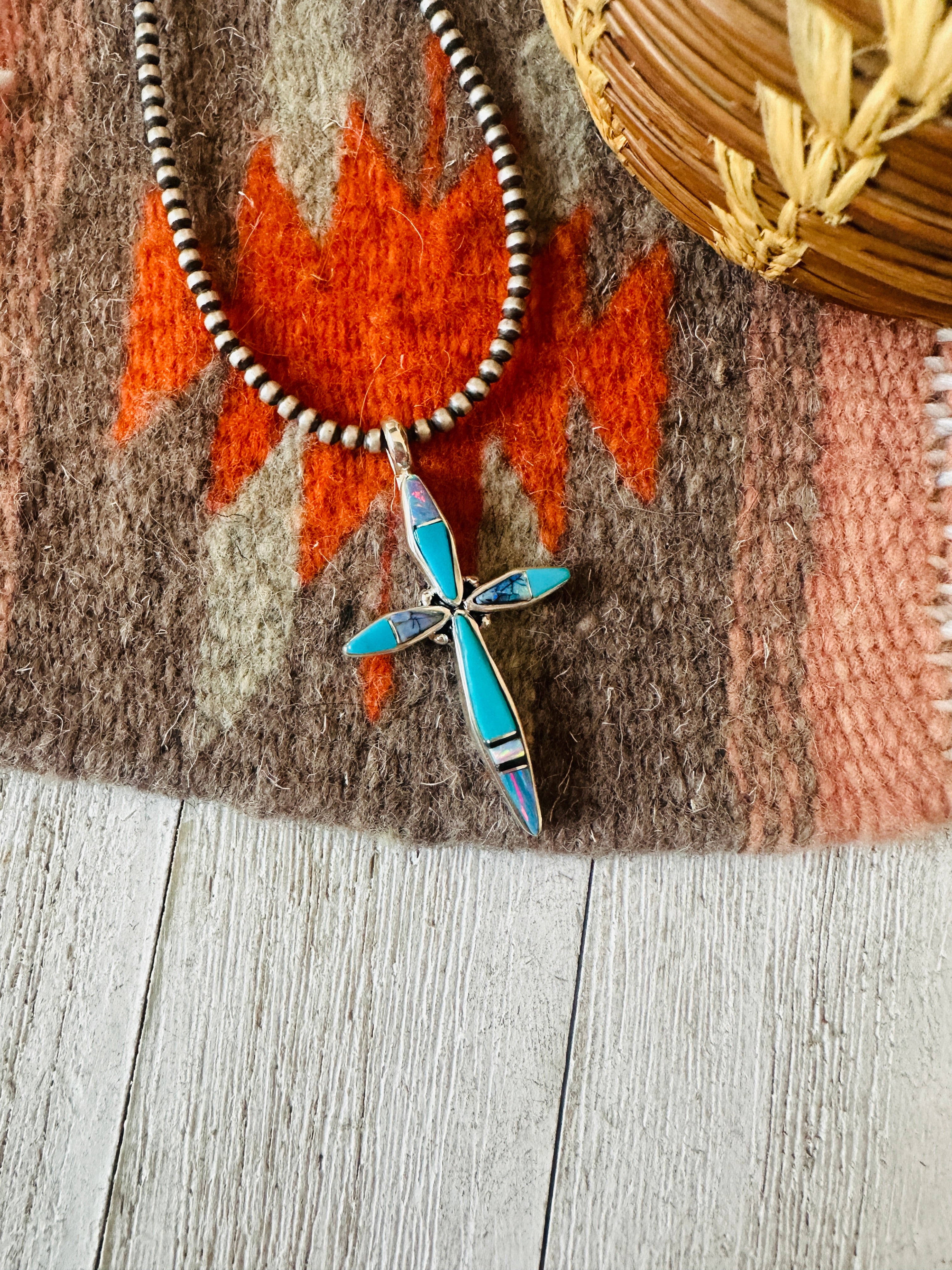 Navajo Multi Stone & Sterling Silver Inlay Cross Pendant