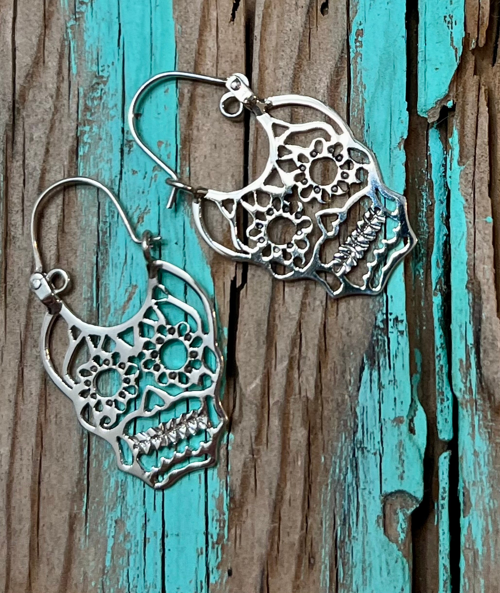 Sugar Skull Face Sterling Silver Earrings on Hoop Hook