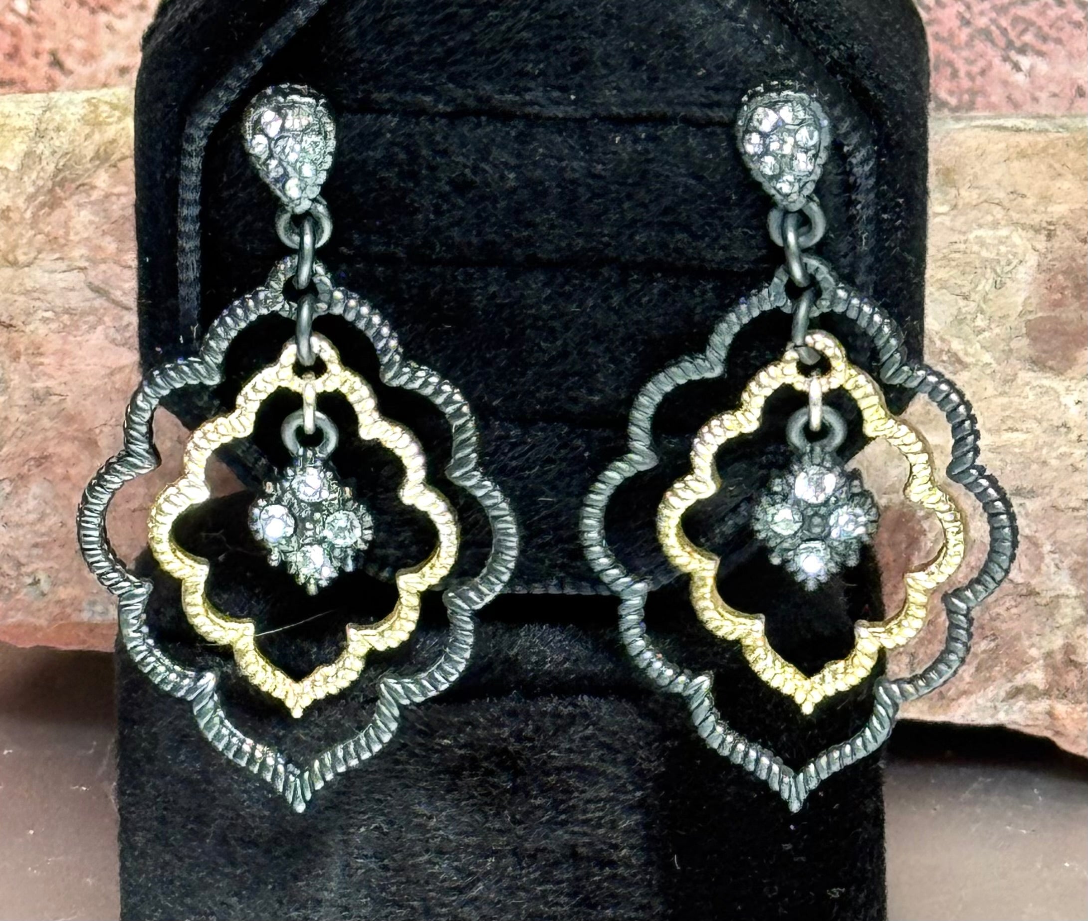 14k Gold Plated CZ Floating Hem Black Dangle Earrings