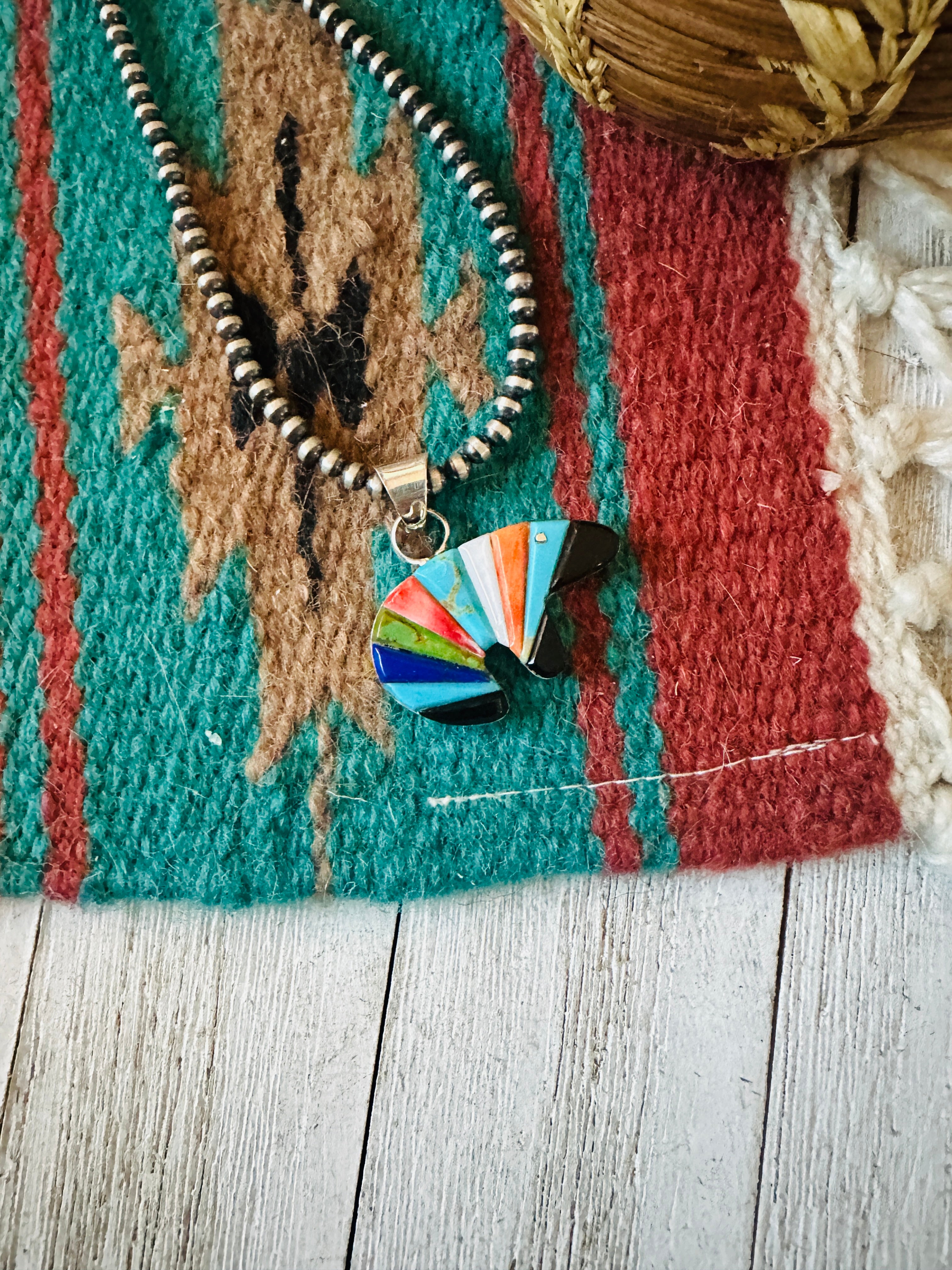 Navajo Multi Stone & Sterling Silver Inlay Fetish Bear Pendant