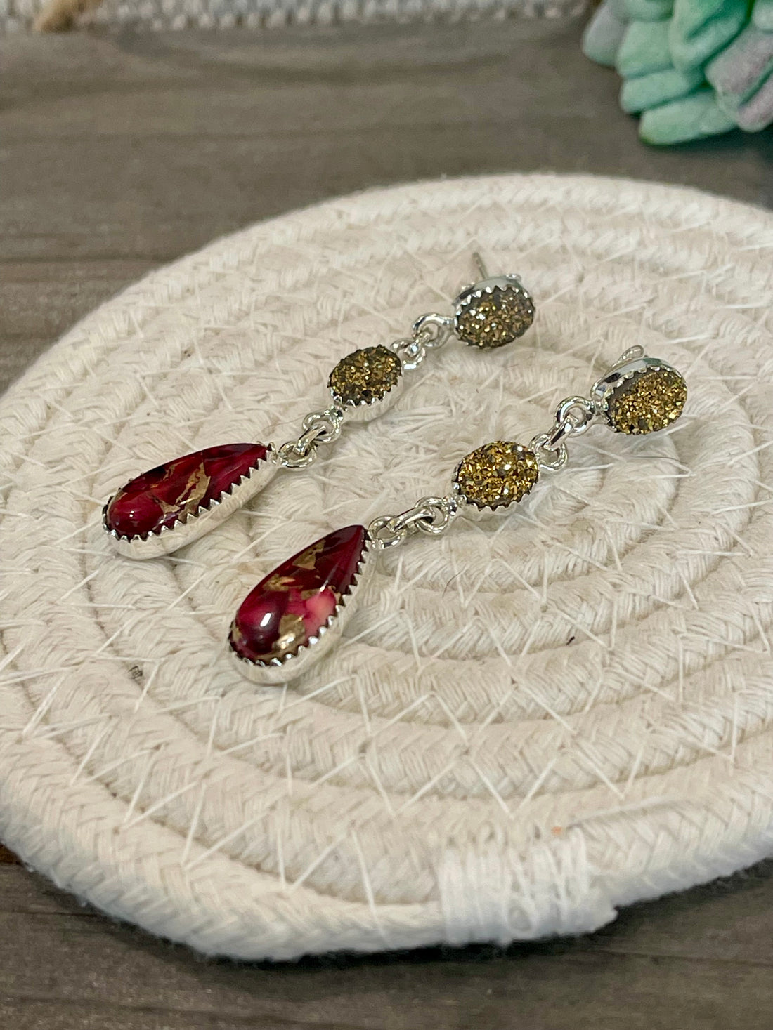 Handmade Sterling Silver Dahlia Rose & Druzy Dangle Earrings