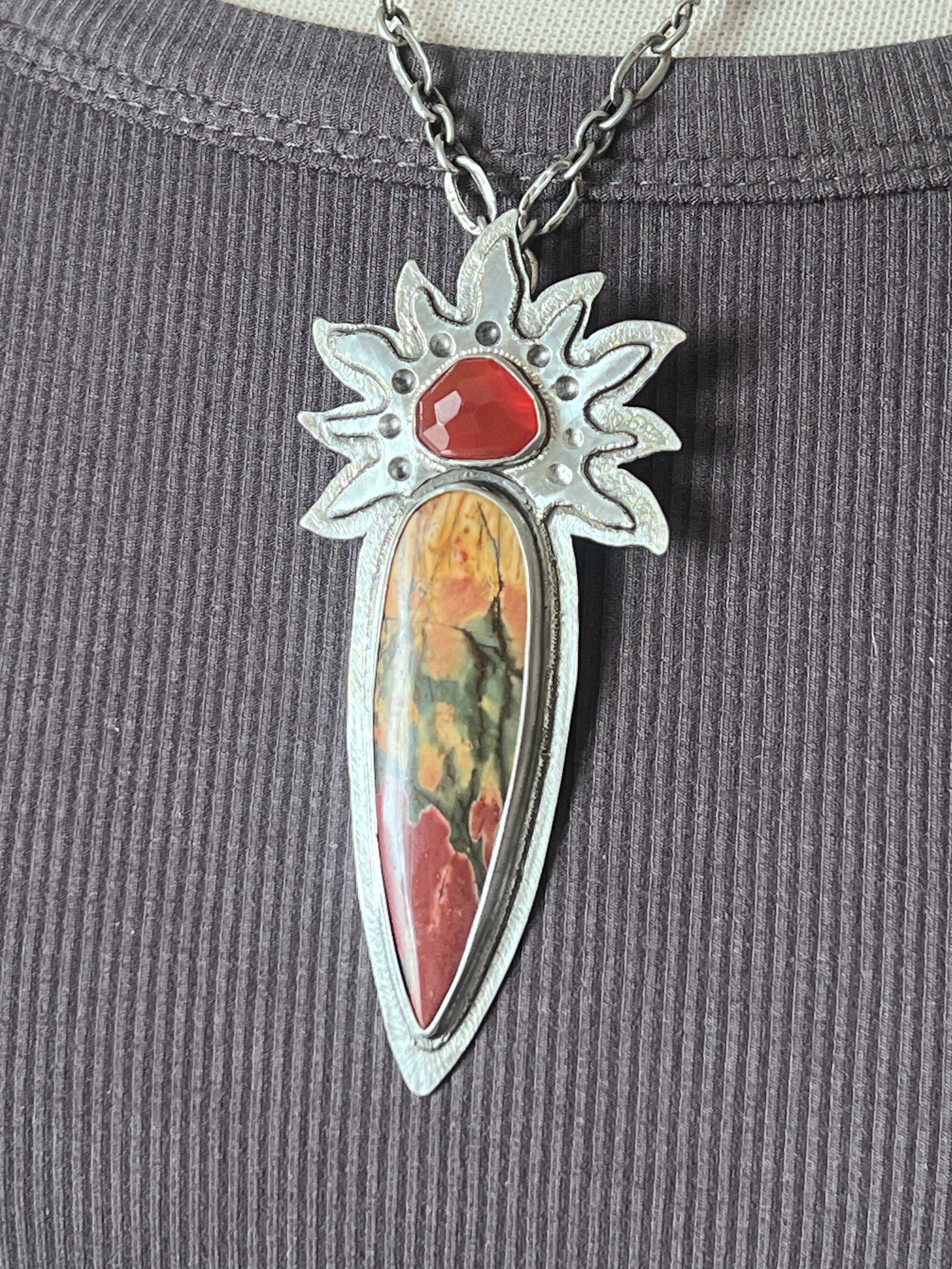 Tularosa Rosary Style Sterling Silver, Red Creek Jasper and Carnelian Sun Fire Necklace