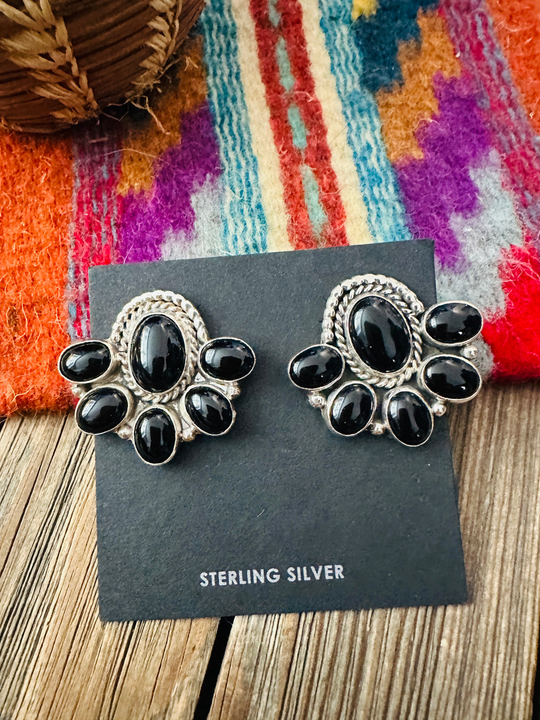 Handcrafted Onyx & Sterling Silver Cluster Cluster Post Earrings