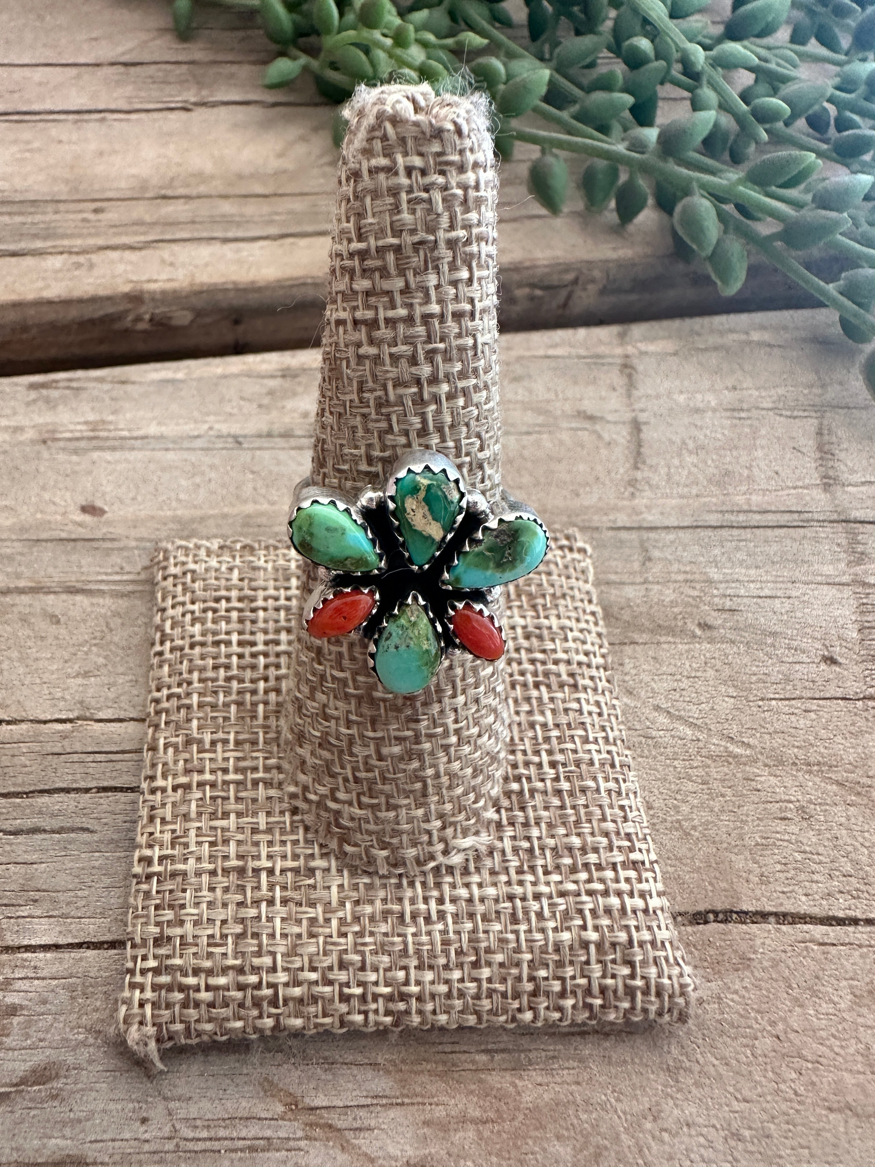 Beautiful Handmade Sonoran Turquoise, Coral And Sterling Silver Adjustable Ring