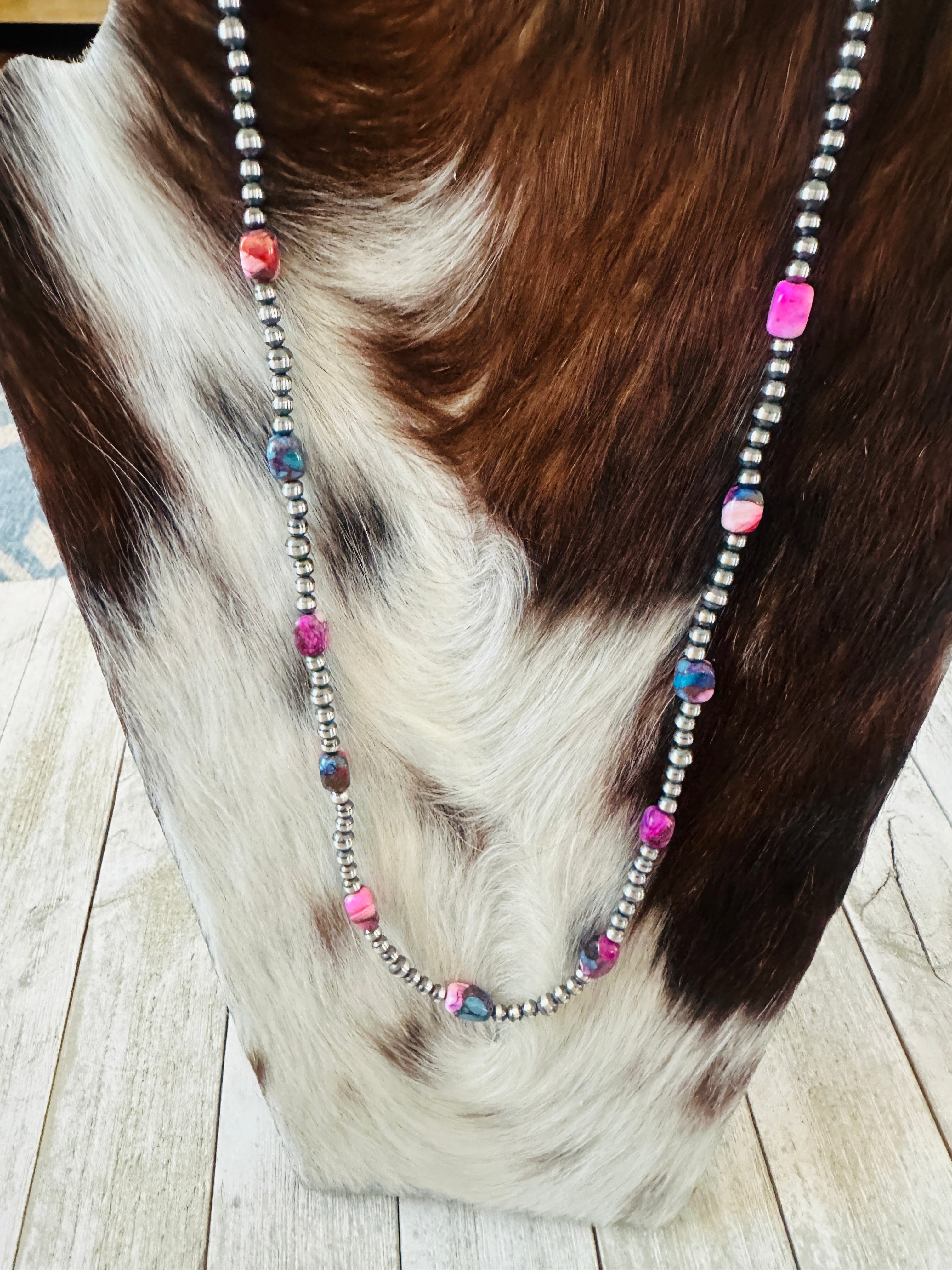Handcrafted Sterling Silver & Pink Dream Mojave  Beaded 24” Necklace