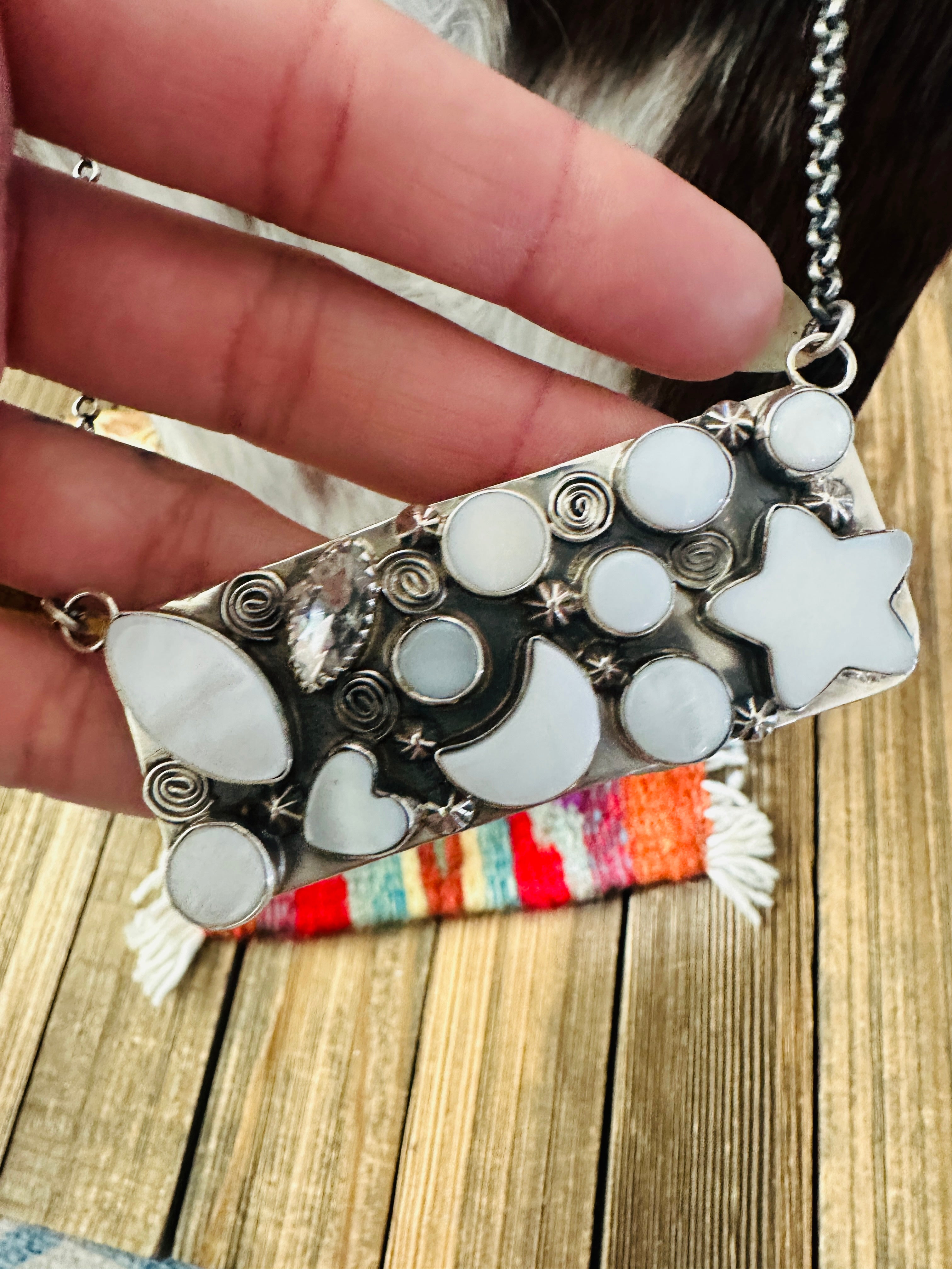 Handcrafted Mother of Pearl, CZ & Sterling Silver Bar Necklace by Jacqueline Silver