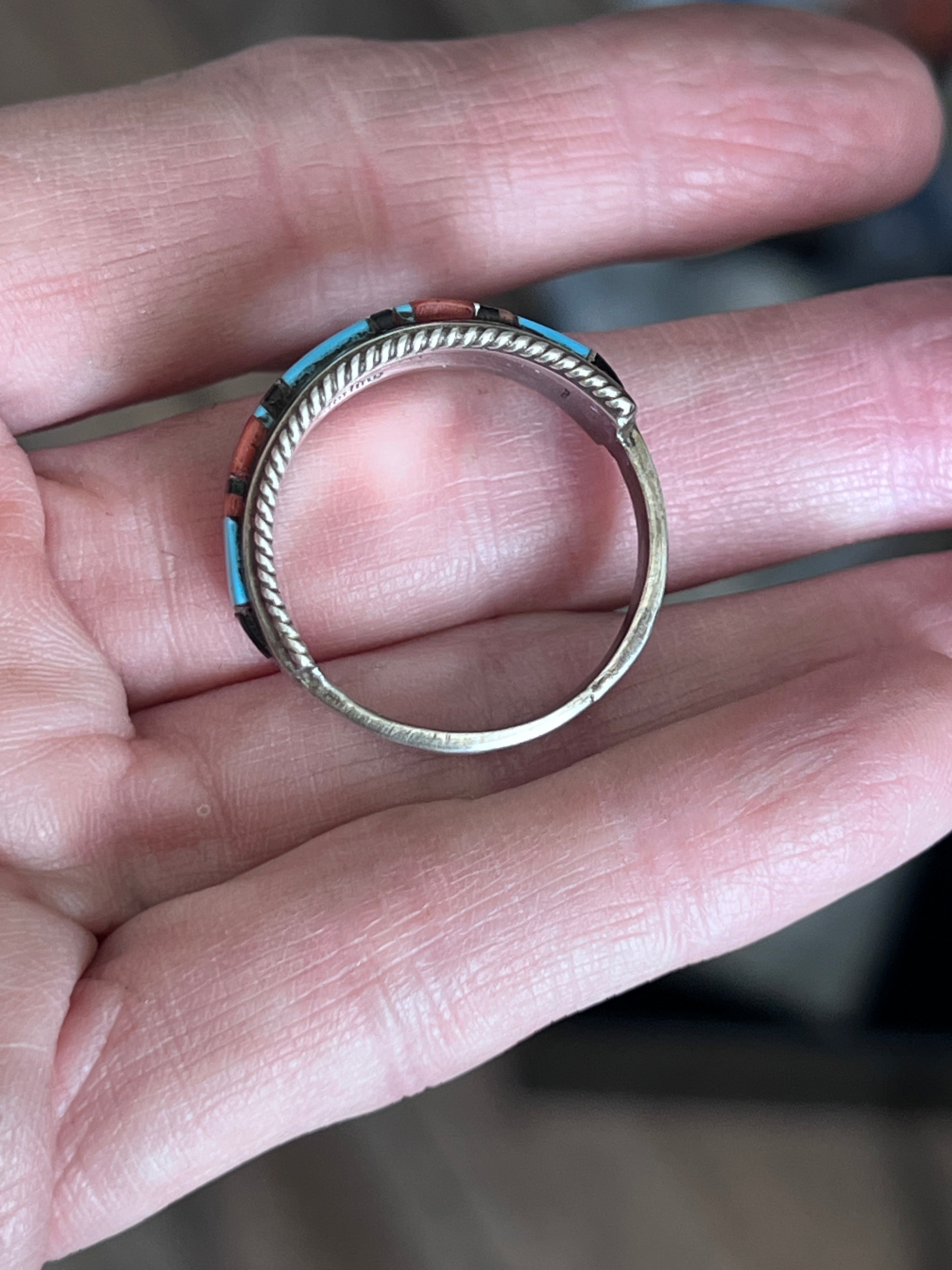 Old Pawn Sterling Silver, Turquoise, Onyx and Coral Raised Channel Inlay Ring by Deidre L Panteah