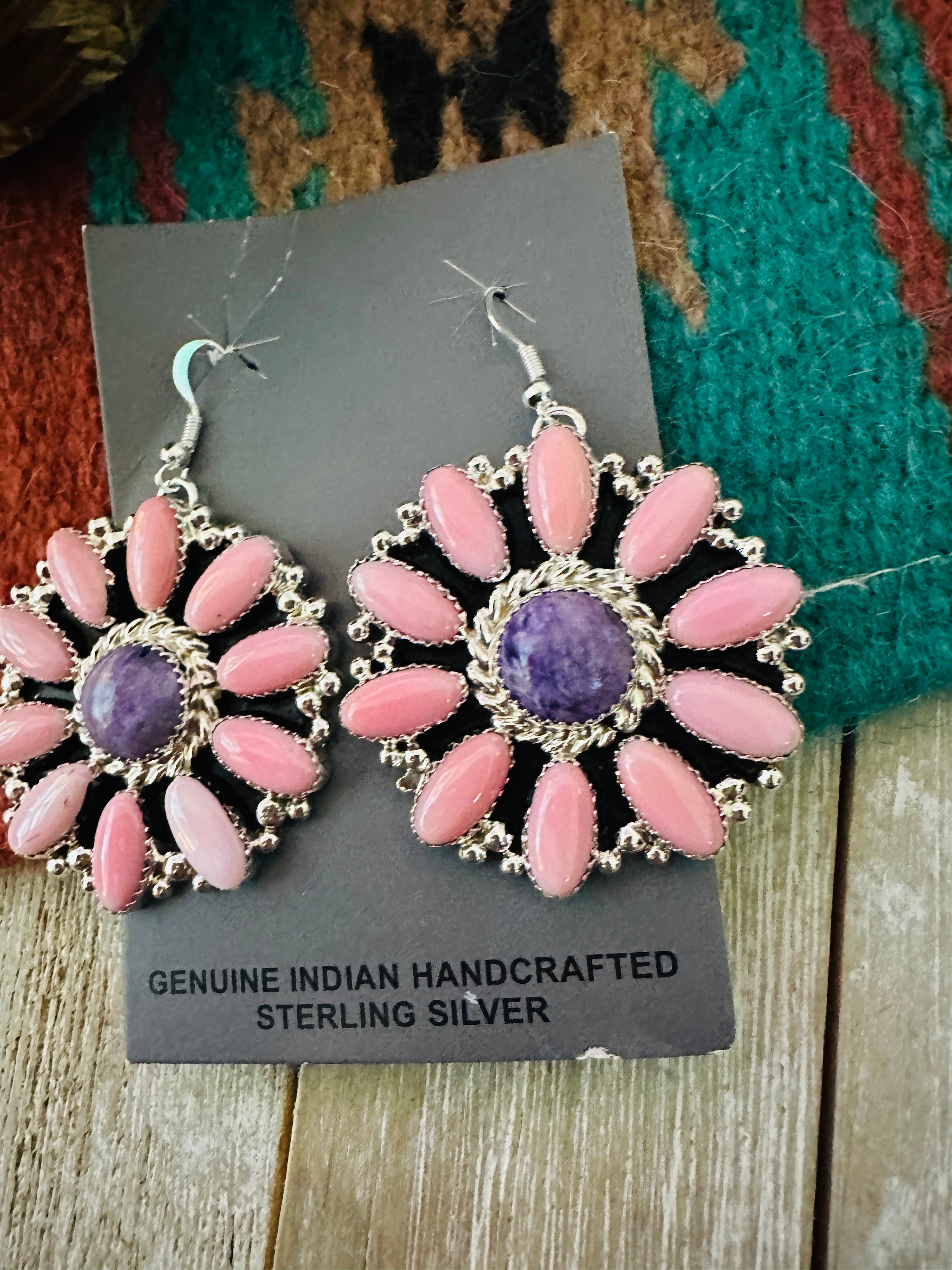 Handcrafted Queen Pink Conch, Charoite & Sterling Silver Cluster Dangle Earrings
